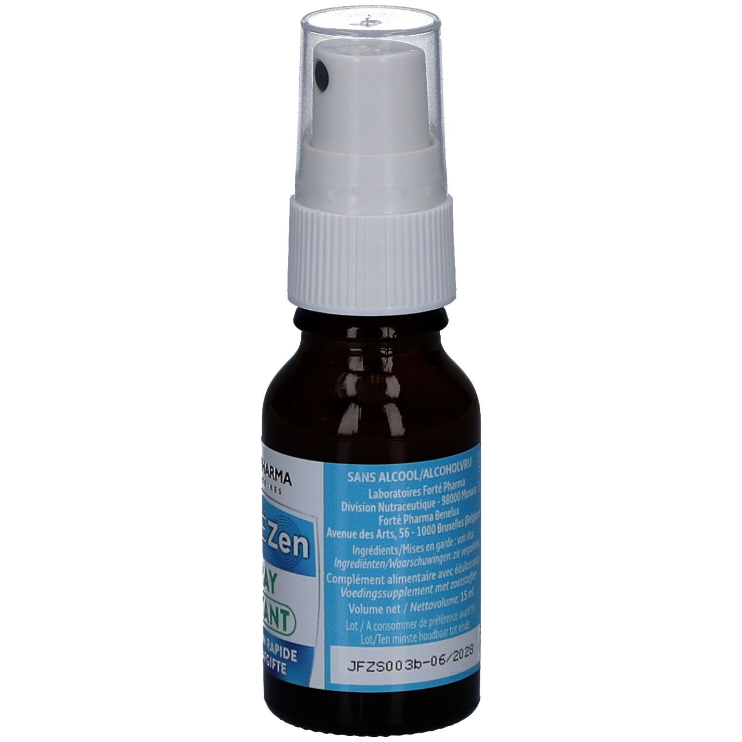 Flacon en verre brun avec vaporisateur blanc. Inscription: Forte Zen Spray Instant. Étiquette avec informations produit.