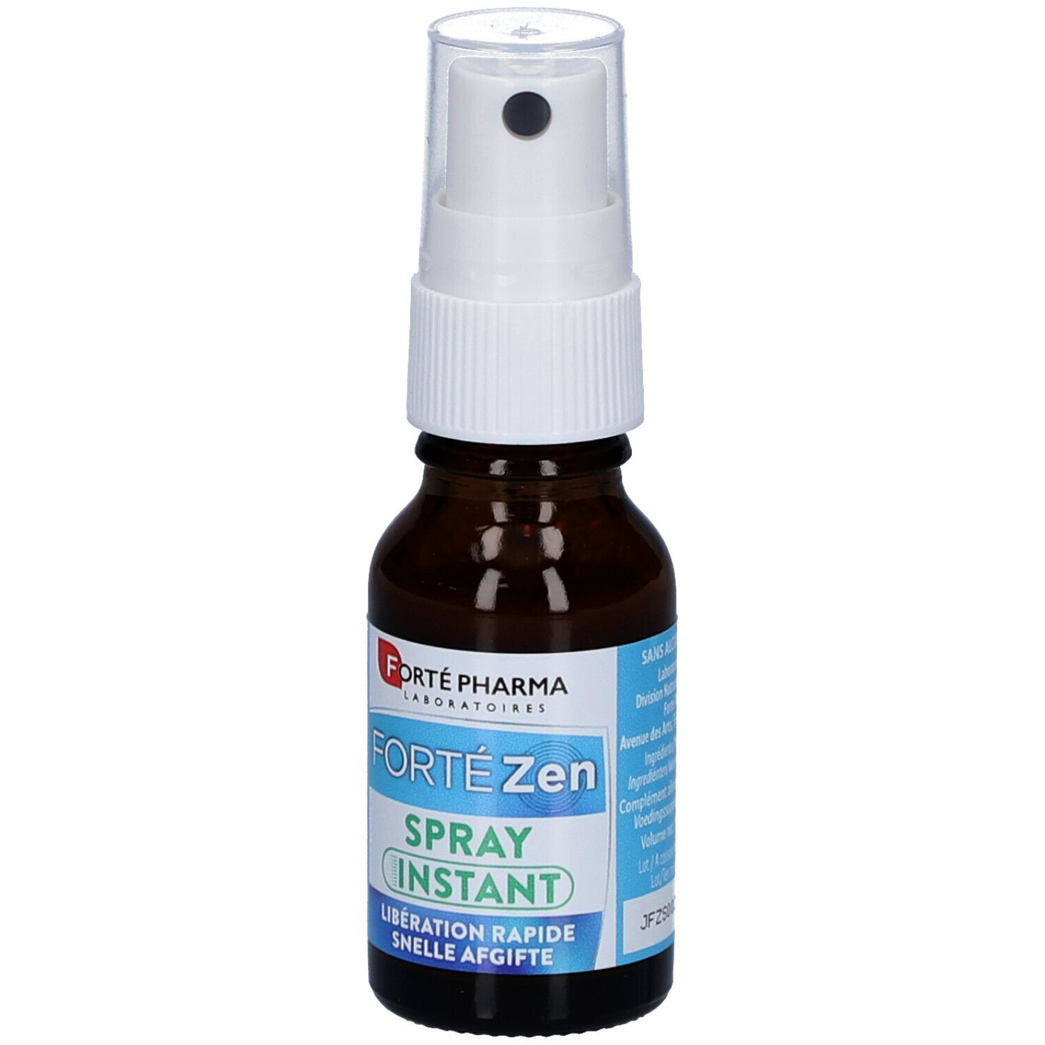 Flacon en verre brun avec vaporisateur blanc. Inscription: Forte Zen Spray Instant. Étiquette avec informations produit.