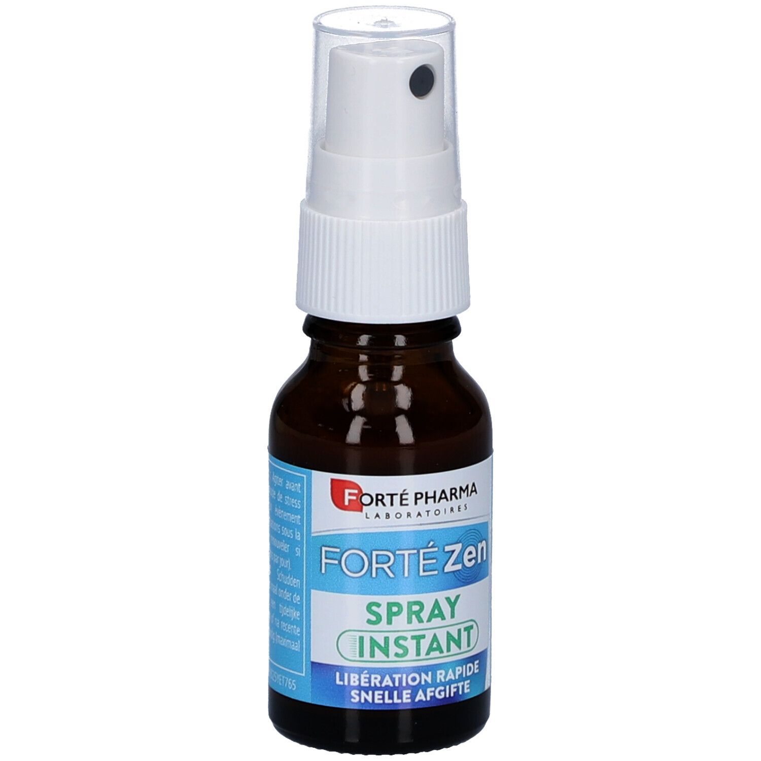 Flacon en verre brun avec vaporisateur blanc. Inscription: Forte Zen Spray Instant. Étiquette avec informations produit.