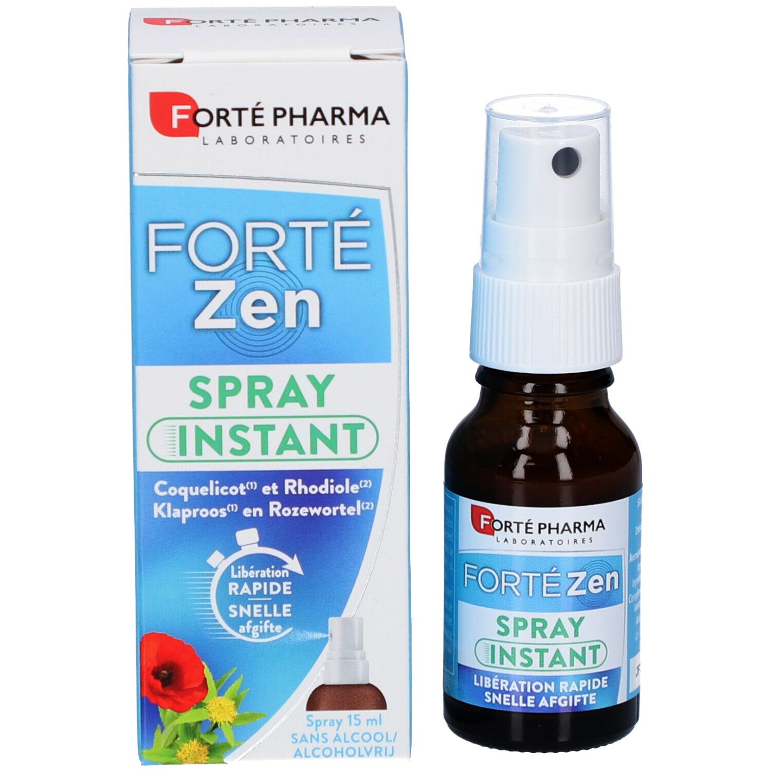 Forte Pharma Forte Zen Spray Instant et emballage. Flacon et boîte avec informations produit.