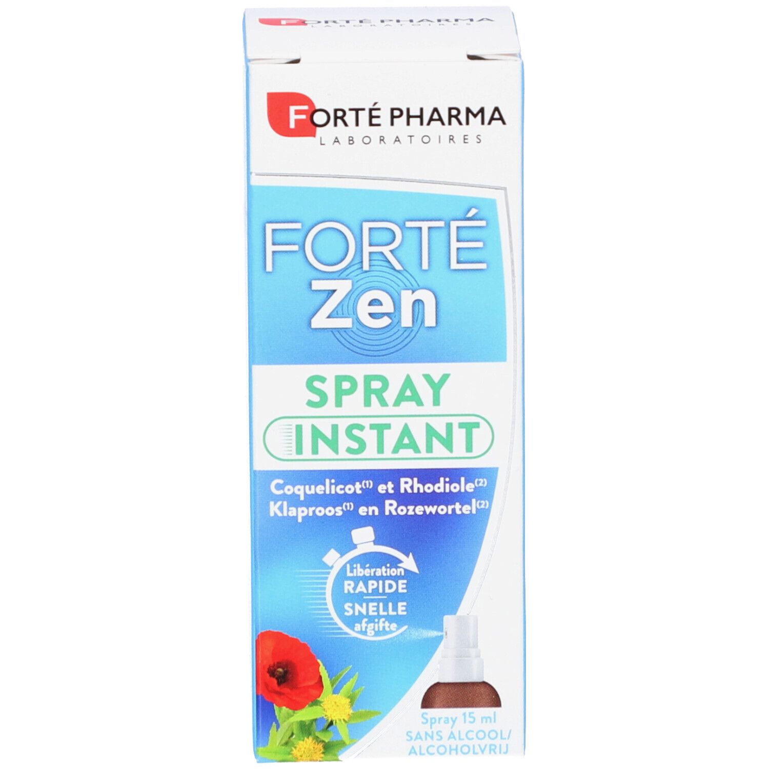 Emballage de Forte Pharma Forte Zen Spray Instant. Boîte avec informations produit et image du spray.
