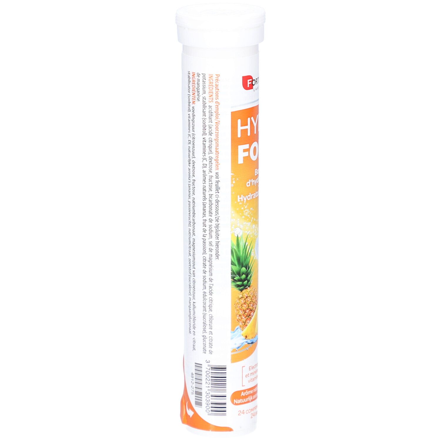 Tube cylindrique avec informations produit. Texte en plusieurs langues. Contient des comprimés effervescents.