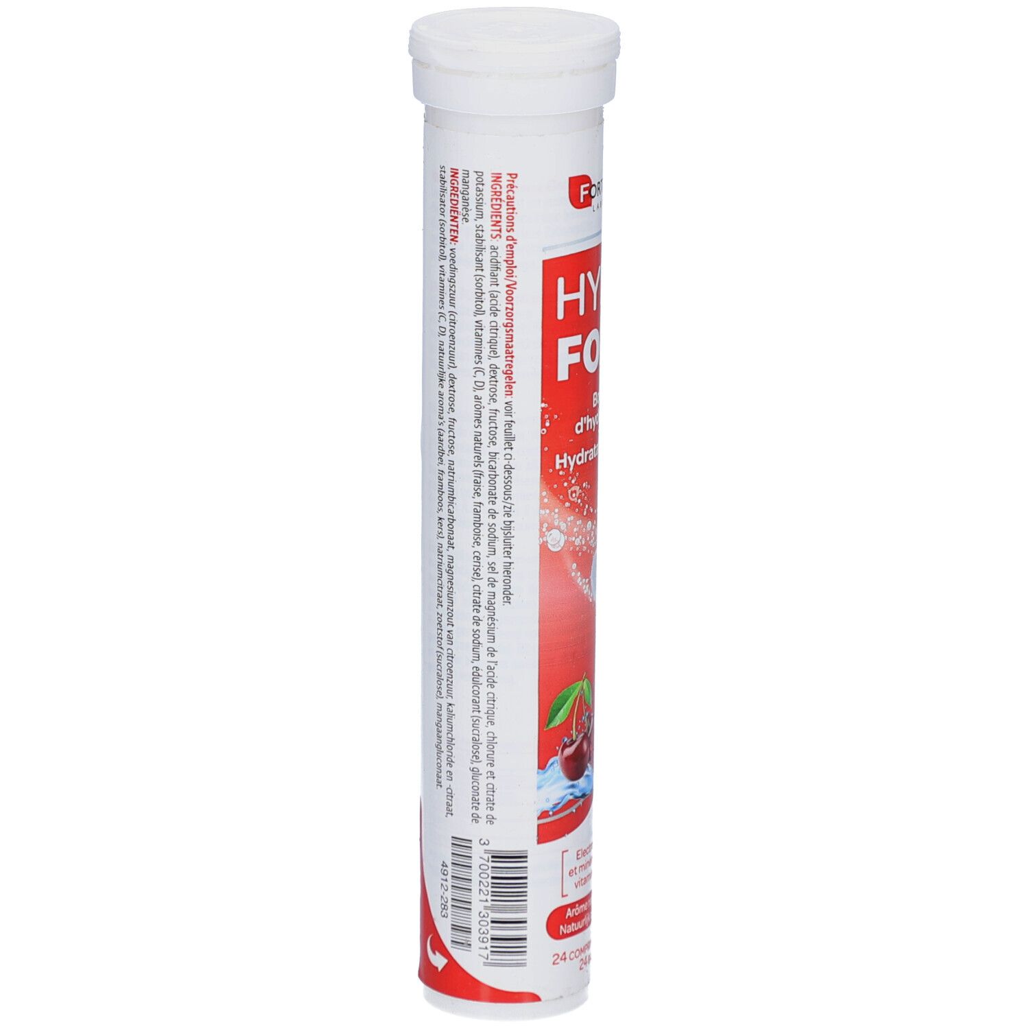 Tube cylindrique de comprimés. Verso avec texte. Ingrédients, informations nutritionnelles, informations fabricant.