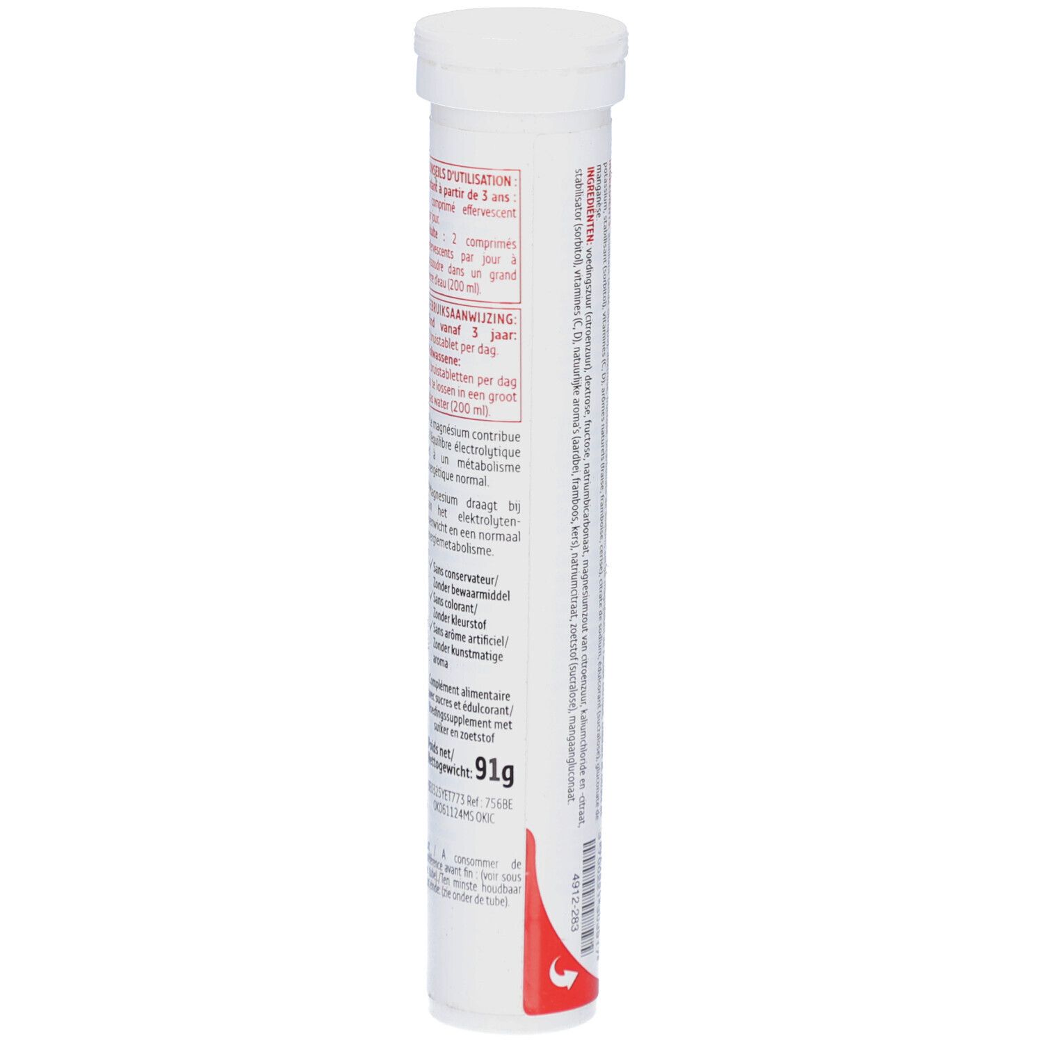 Tube cylindrique de comprimés. Côté avec texte. Mode d'emploi, dosage, avertissements.