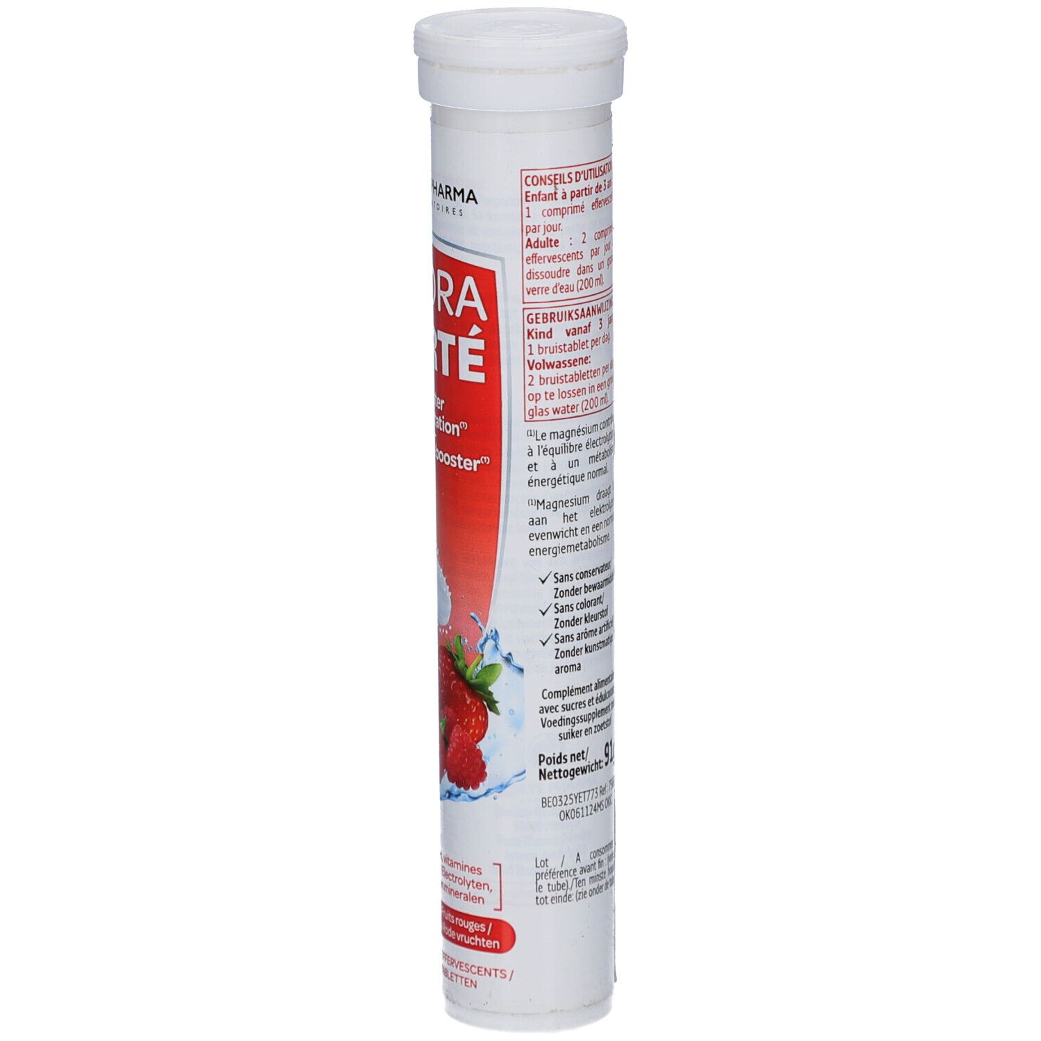 Tube cylindrique de comprimés. Côté avec texte. Mode d'emploi, dosage, avertissements.