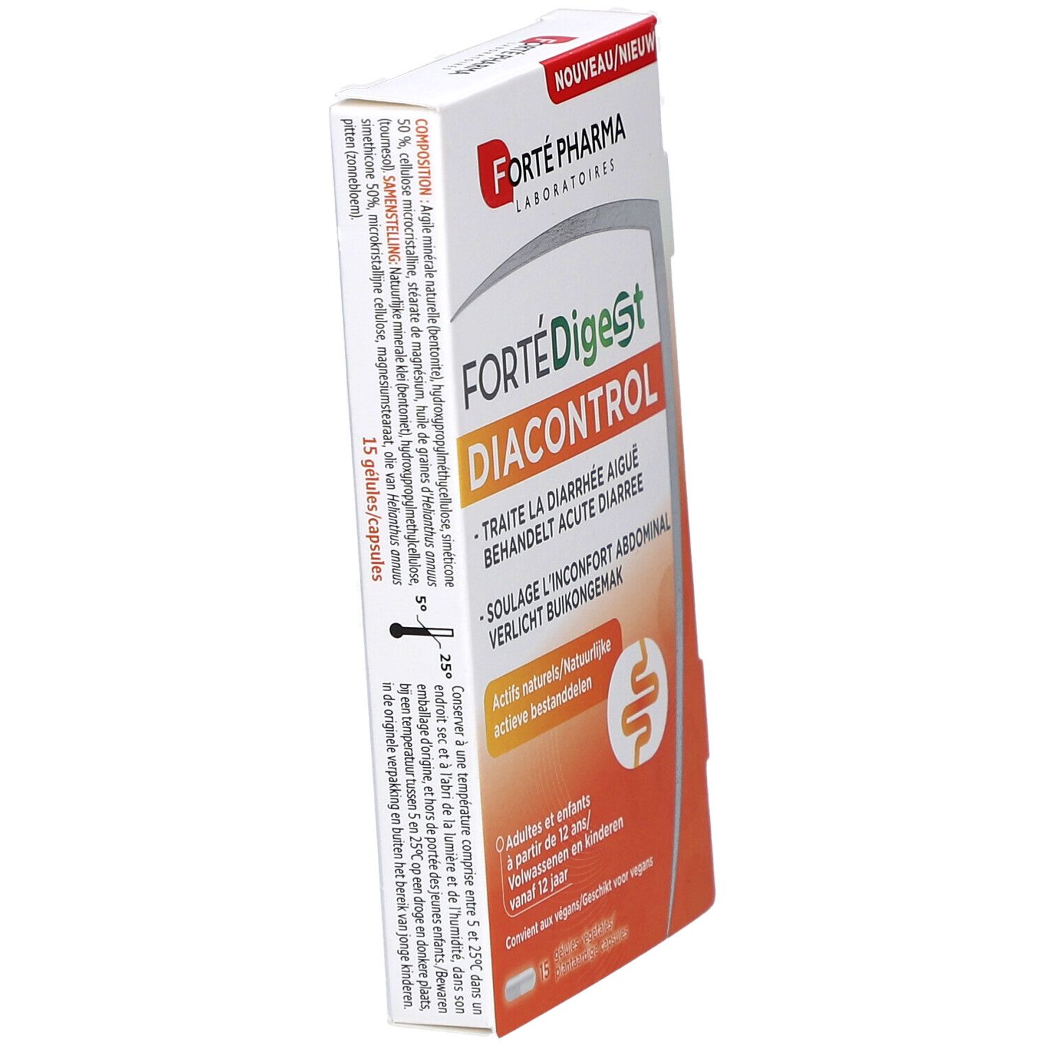 Witte doos met FortéDigest Diacontrol. Bevat 15 capsules. Tekst in het Frans, Nederlands en Engels. Forté Pharma logo. Schuin beeld.