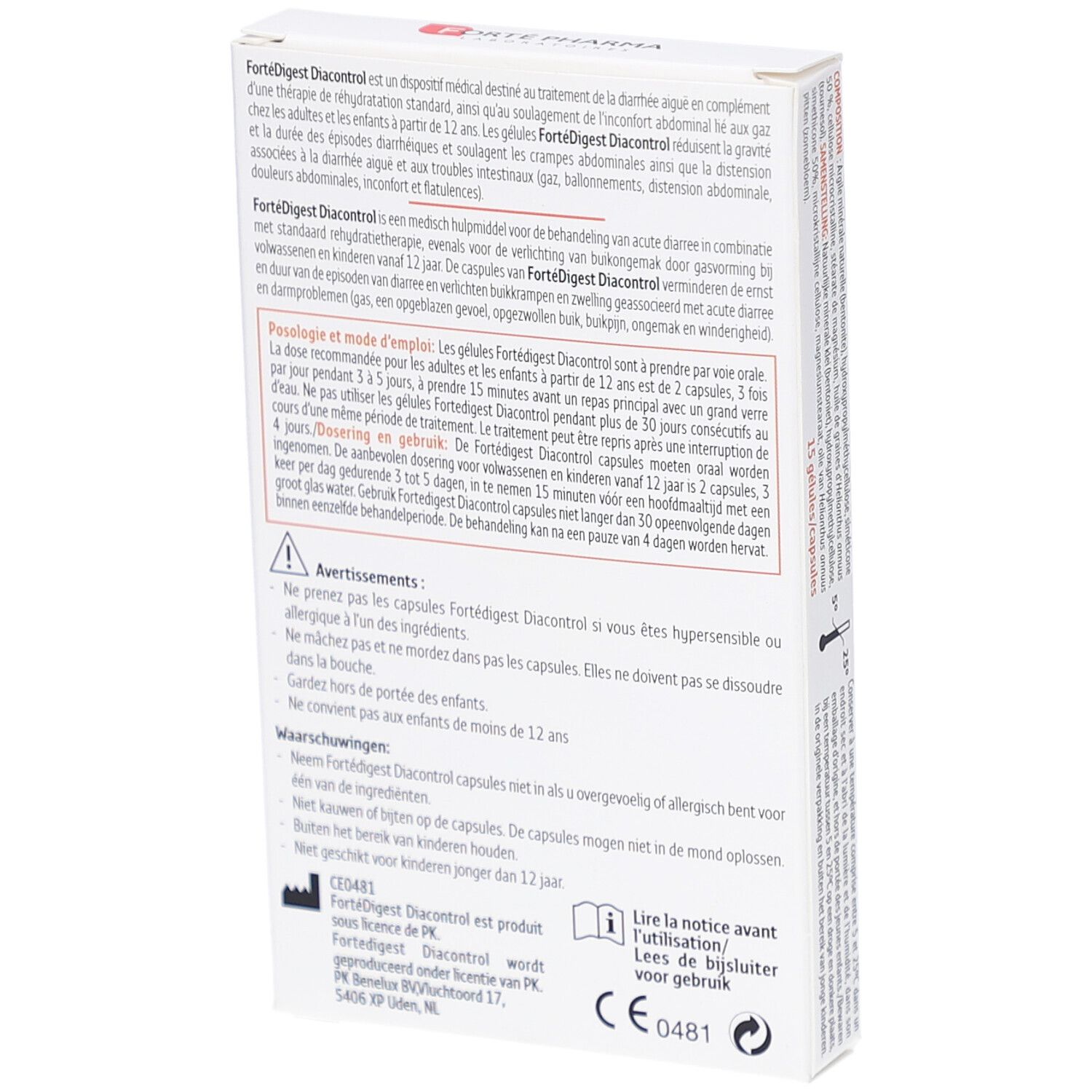 Achterkant van de witte doos met tekst in het Frans, Nederlands en Engels. Informatie over FortéDigest Diacontrol. Instructies en waarschuwingen.