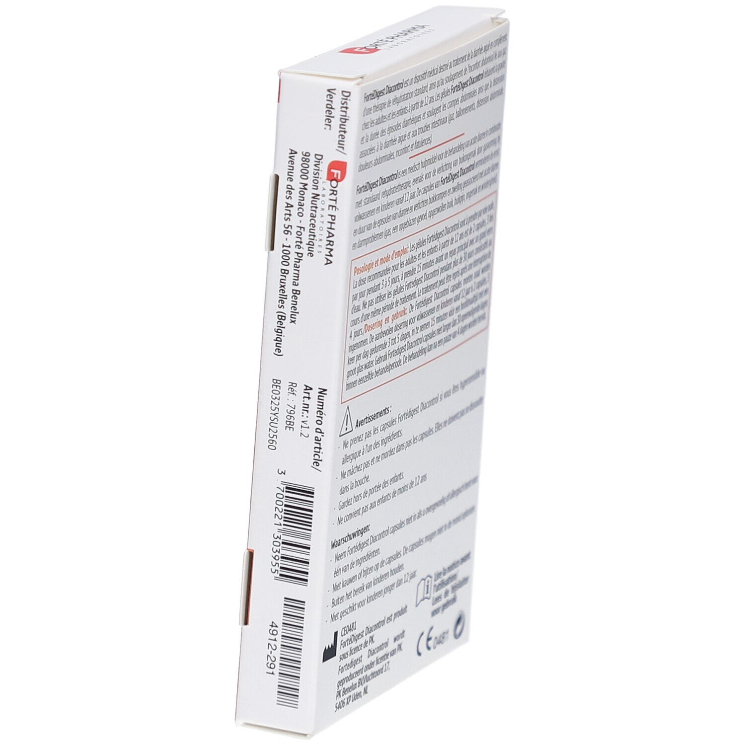 Witte doos met tekst in het Frans, Nederlands en Engels. Informatie over Forté Pharma en artikelnummer. Schuin beeld.