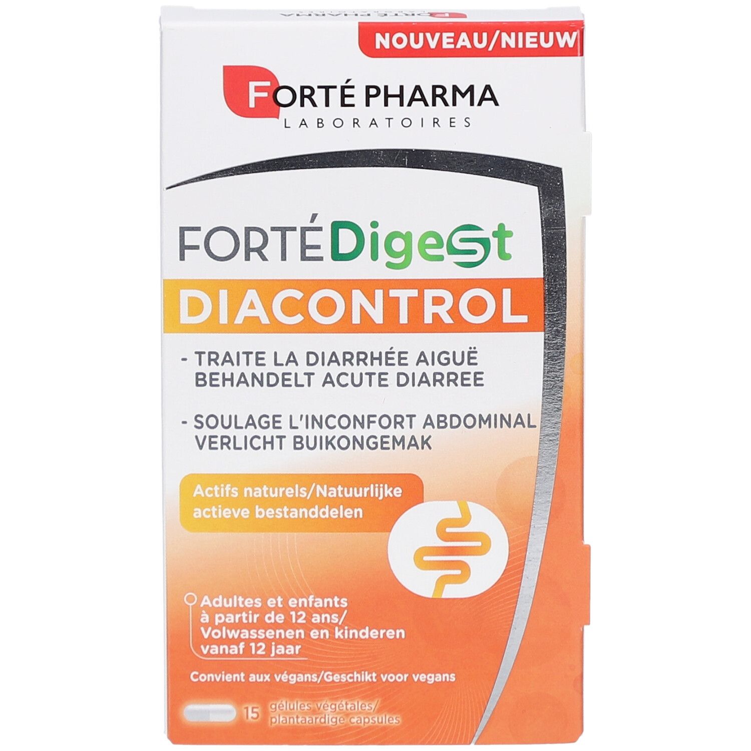 Witte doos met FortéDigest Diacontrol. Tekst in het Frans, Nederlands en Engels. Forté Pharma logo. Geschikt voor volwassenen en kinderen vanaf 12 jaar.