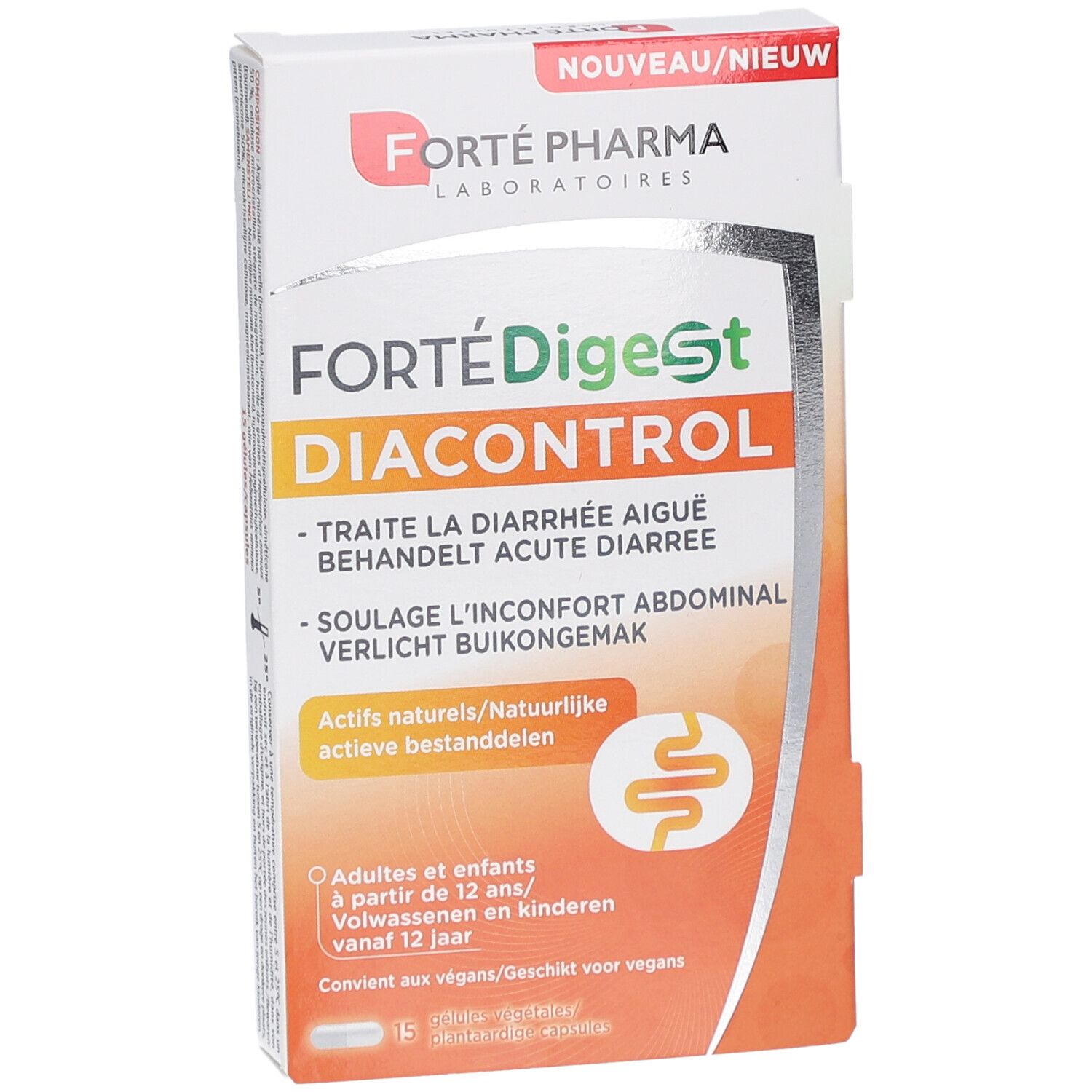 Witte doos met FortéDigest Diacontrol. Tekst in het Frans, Nederlands en Engels. Forté Pharma logo. Geschikt voor volwassenen en kinderen vanaf 12 jaar.