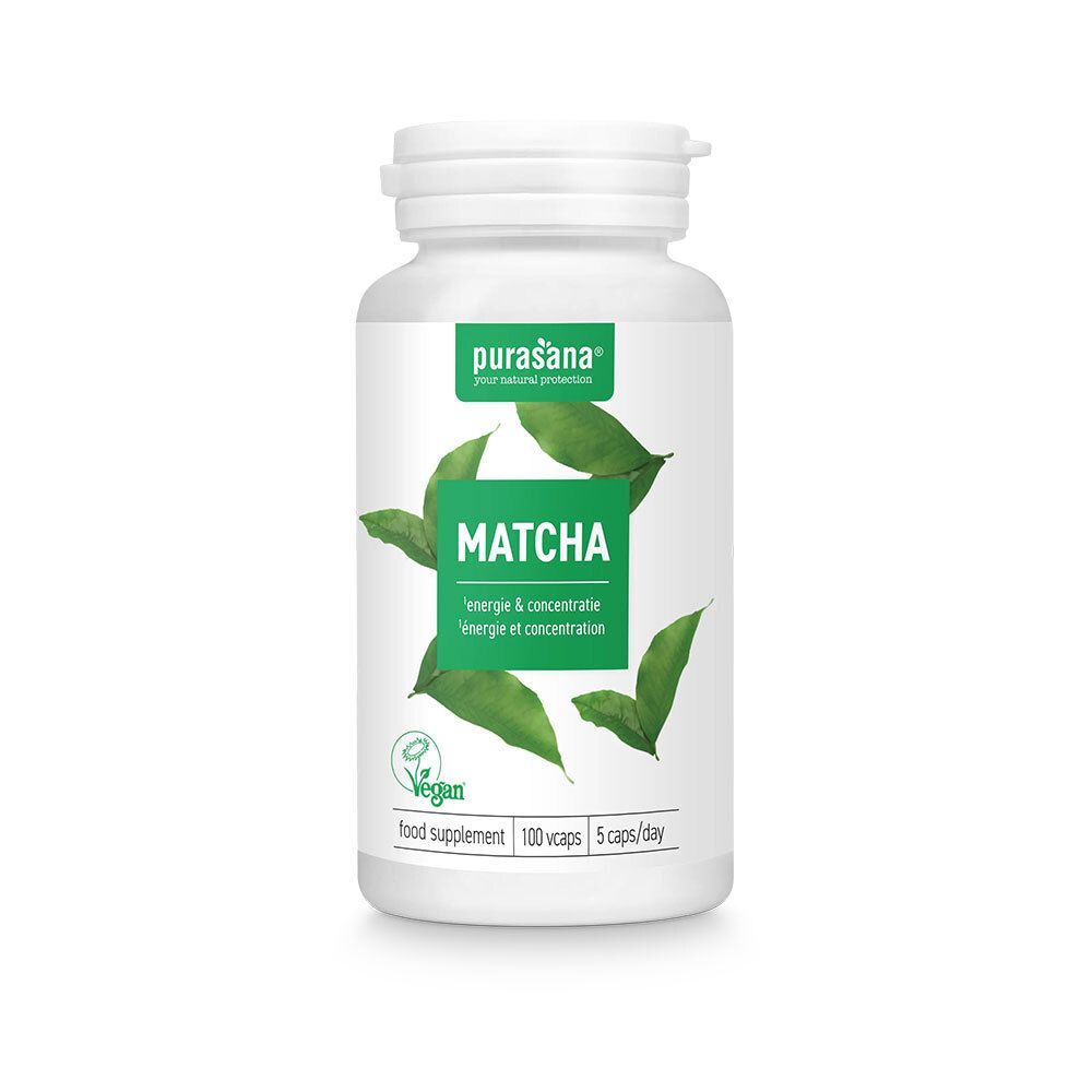 Witte fles met capsules. Opschrift: Matcha, energie & concentratie. Vegan-zegel. 100 capsules, 5 capsules/dag.