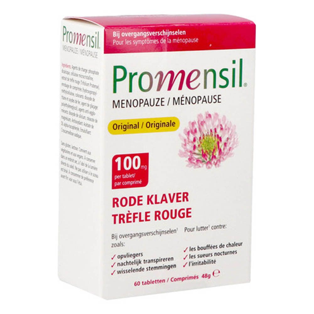 Promensil Menopauze-verpakking. Rode en witte doos met productnaam en klaver. Bevat 60 tabletten.