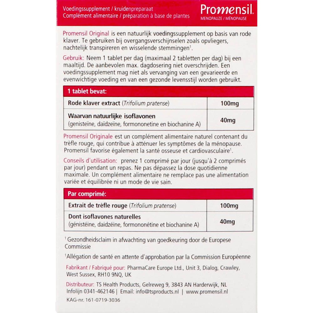 Promensil Menopauze-verpakking. Rode en witte doos met productnaam en klaver. Achterkant met informatie.