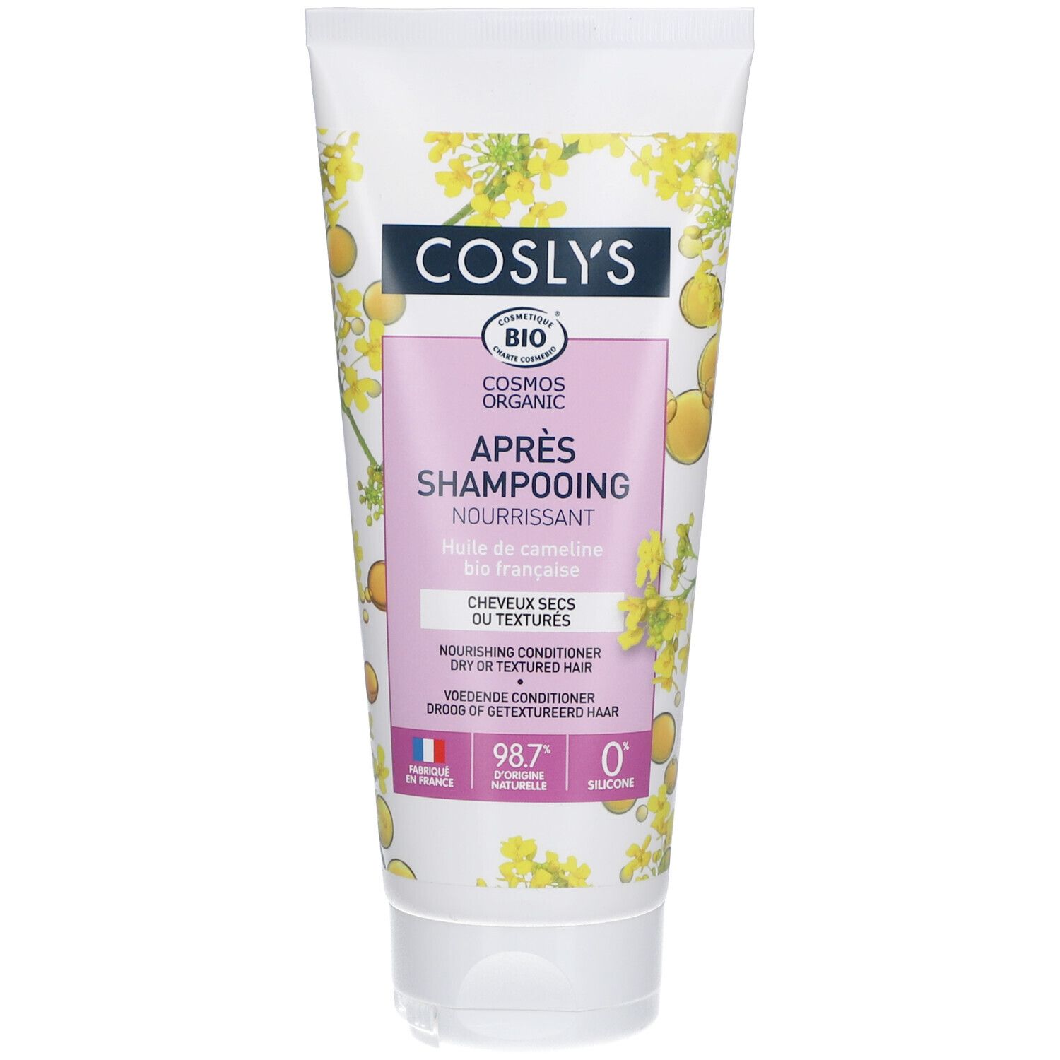 Crèmetube met productnaam en informatie. Bio-certificering. Franse vlag. Opschrift: Après Shampooing Nourrissant.