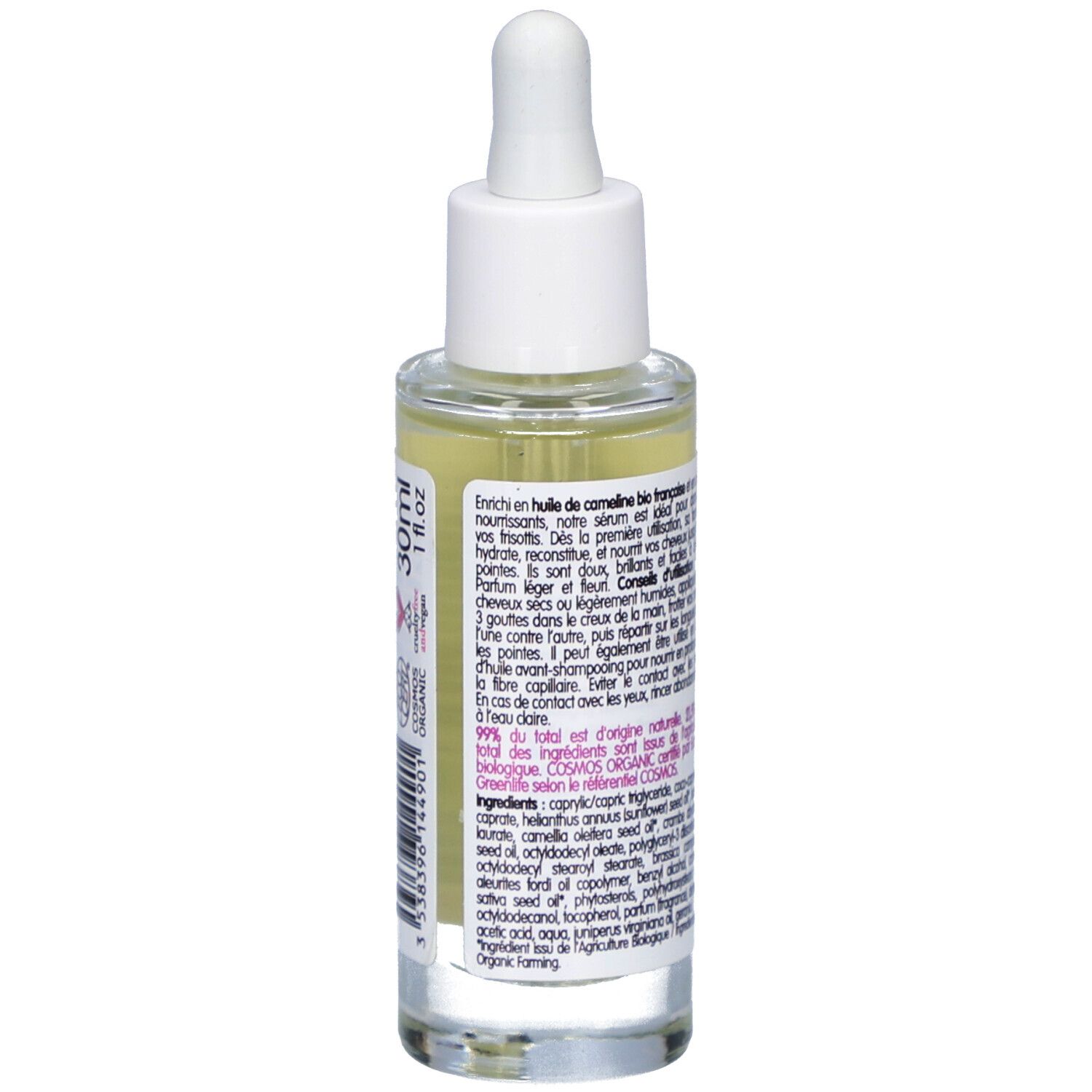 Vue arrière du flacon de sérum. Inscriptions : 30ml 1 fl.oz. Ingrédients et texte. Certification bio. Code-barres.