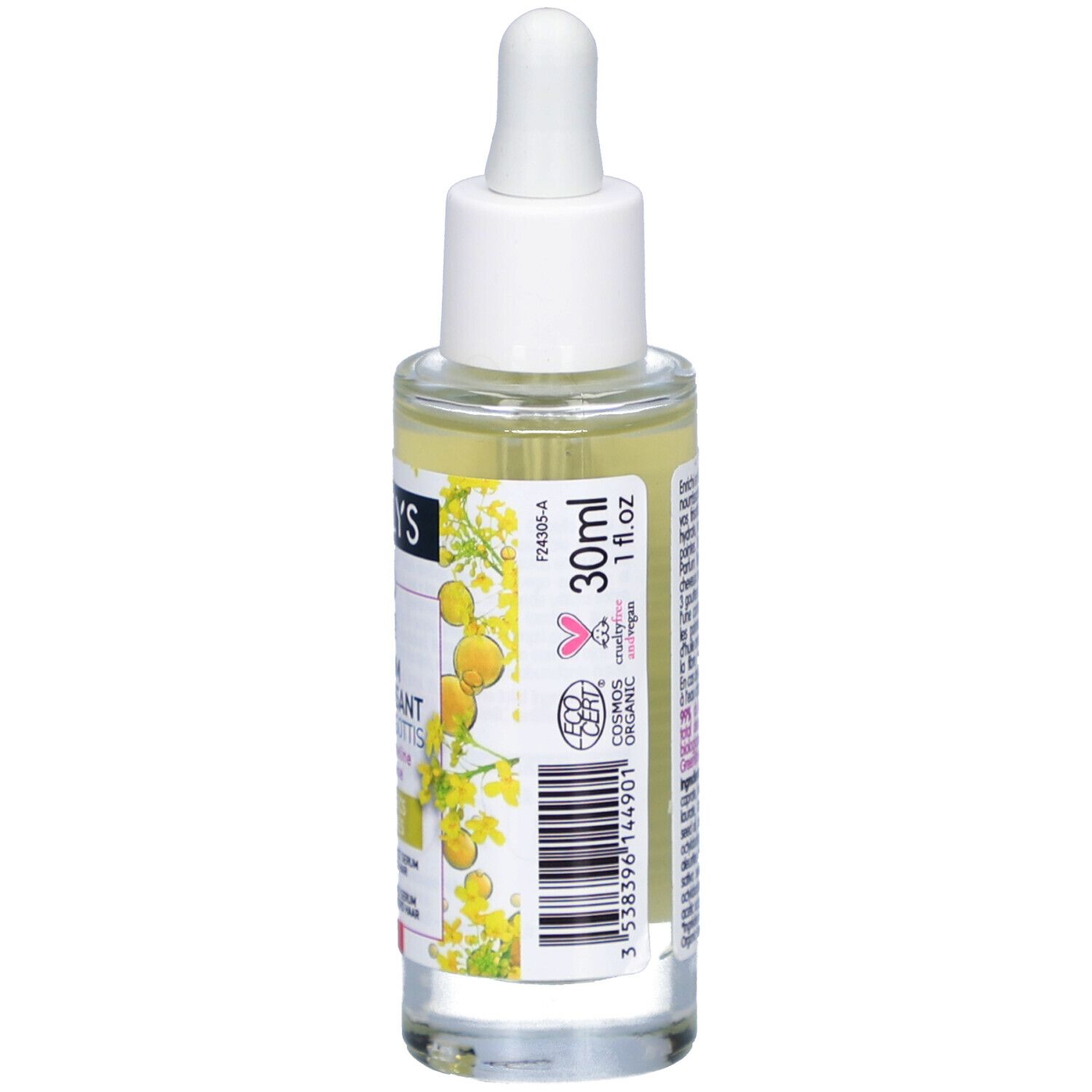 Vue arrière du flacon de sérum. Inscriptions : 30ml 1 fl.oz. Certification bio. Code-barres. Ingrédients et texte.