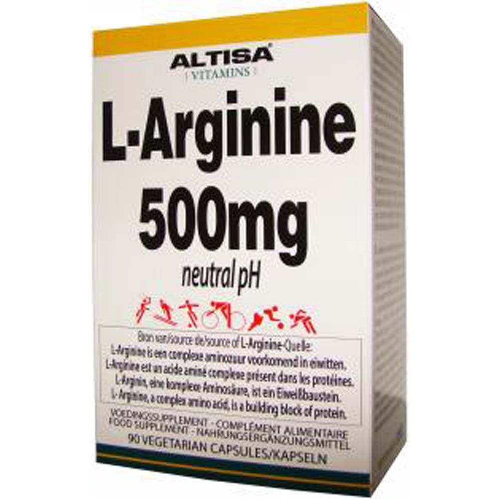 Verpakking: doos ALTISA L-Arginine 500mg (Base). Opschrift: 90 vegetarische capsules. Gele strook.