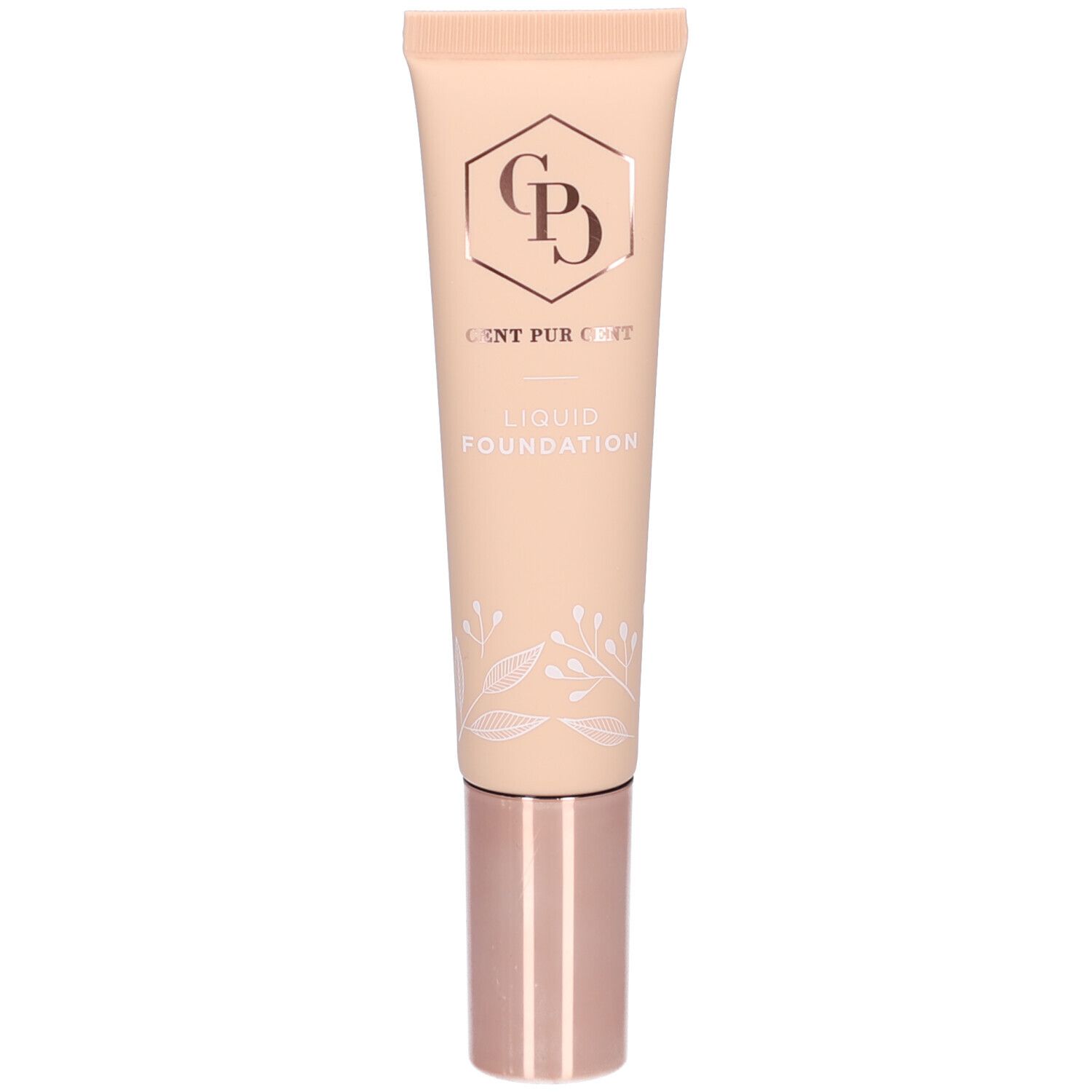Beige tube met roségouden dop. Opschrift: Cent Pur Cent Liquid Foundation.