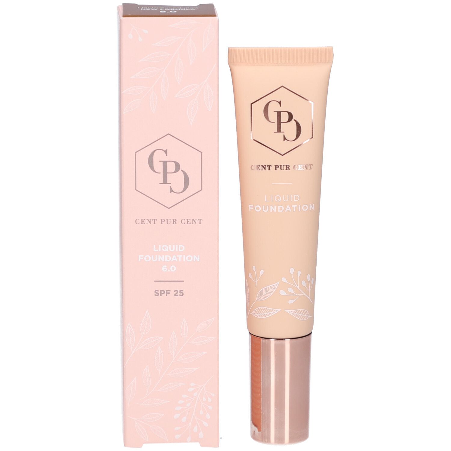Tube en verpakking. Opschrift: Cent Pur Cent Liquid Foundation 6.0 SPF 25.