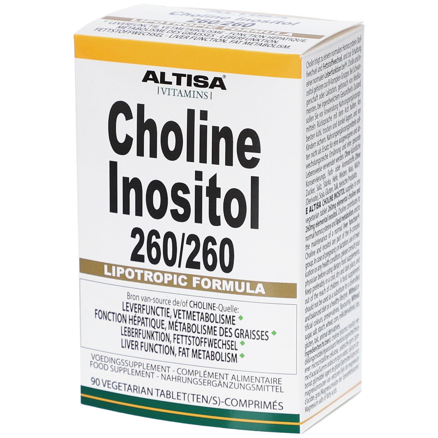 Boîte blanche avec logo ALTISA et inscription Choline Inositol 260/260. Contient 90 comprimés. Formule lipotrope.