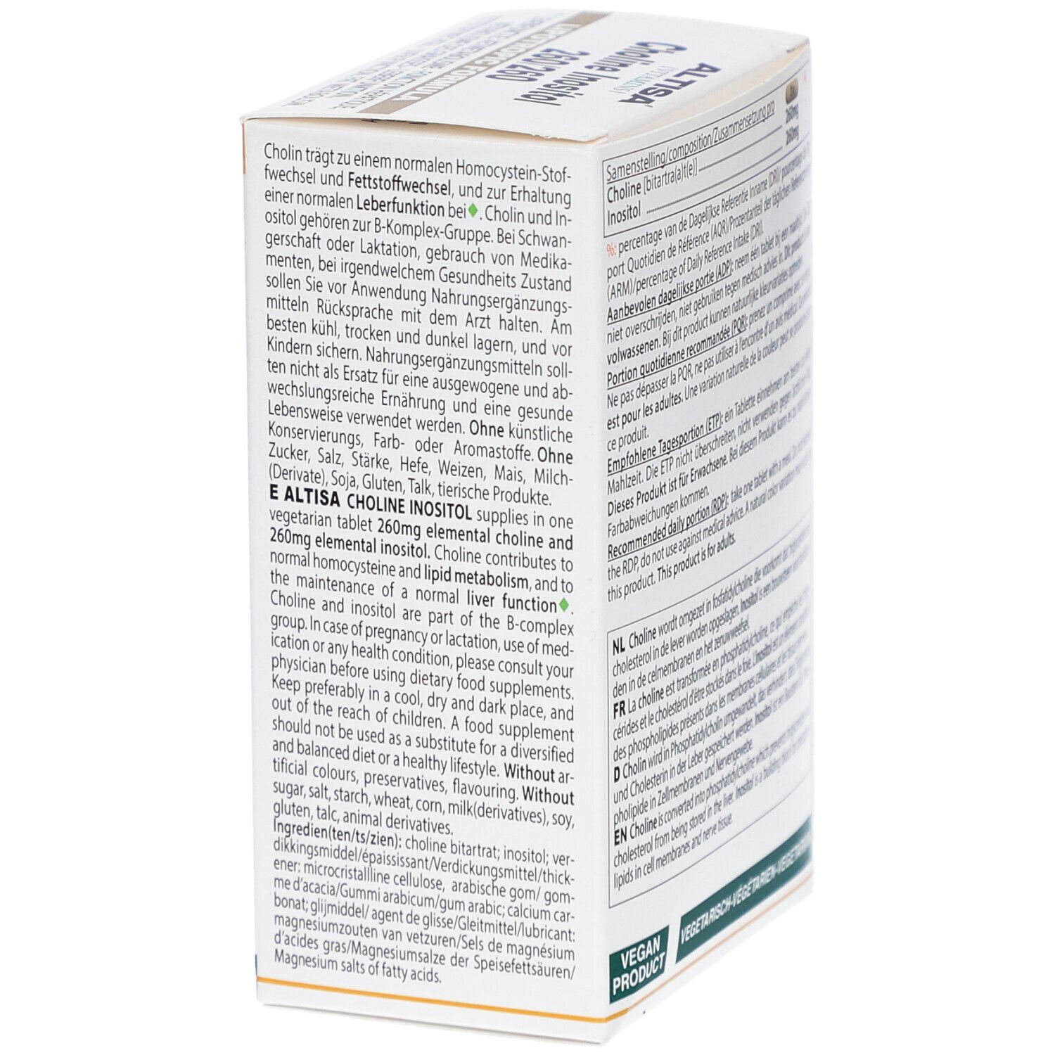 Boîte blanche avec logo ALTISA et inscription Choline Inositol 260/260. Informations sur l'utilisation.