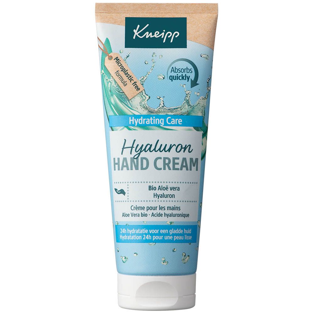 Handcrèmetube met product- en merknaam. Blauwe en witte kleurstelling met watermotief. Tekst: Hyaluron Hand Cream.