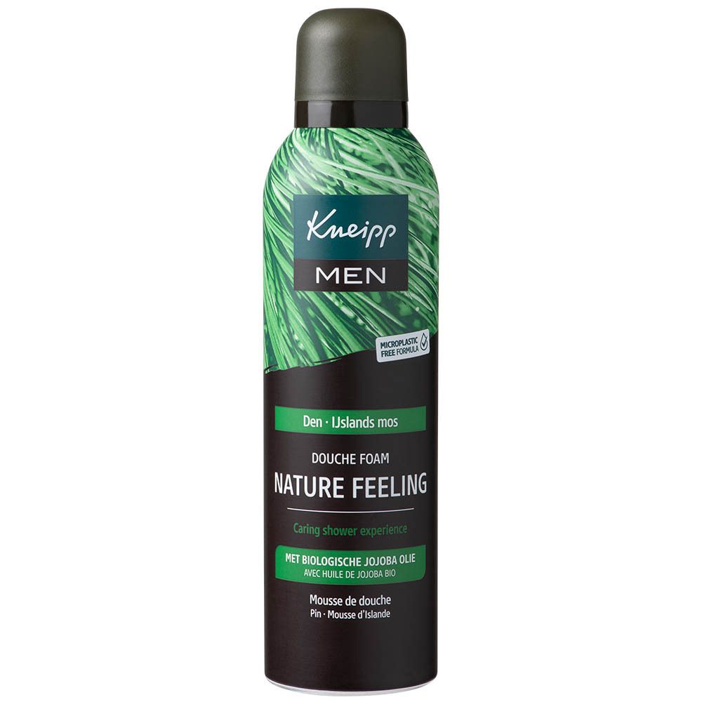 Flacon de mousse de douche Kneipp MEN Nature Feeling. Design vert. Contient de l'huile de jojoba. Formule sans microplastiques.