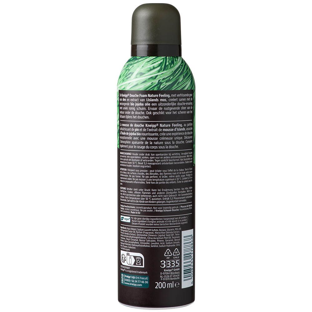 Dos du flacon de mousse de douche. Texte: Kneipp Douche Foam Nature Feeling. Ingrédients, informations fabricant, 200 ml.