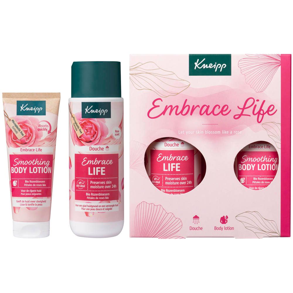Produits Kneipp : gel douche et lotion corporelle. Coffret avec logo et texte 'Embrace Life'.