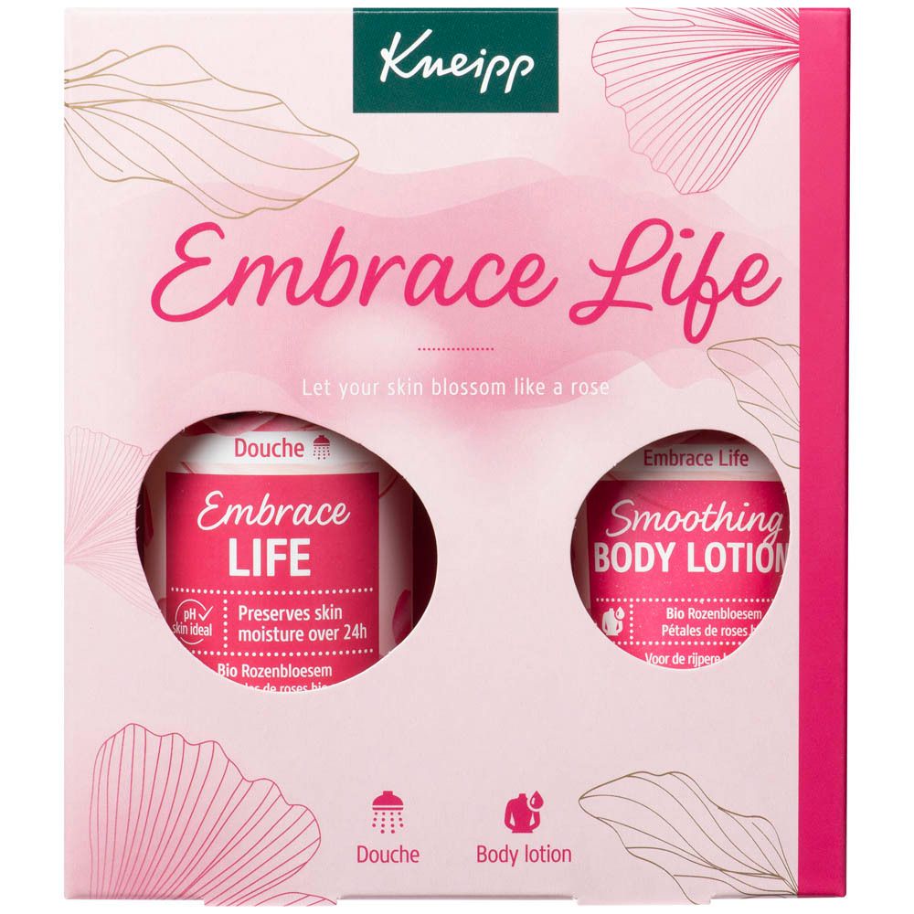 Geschenkverpakking met Kneipp producten: douchegel en bodylotion. Logo en tekst 'Embrace Life'.