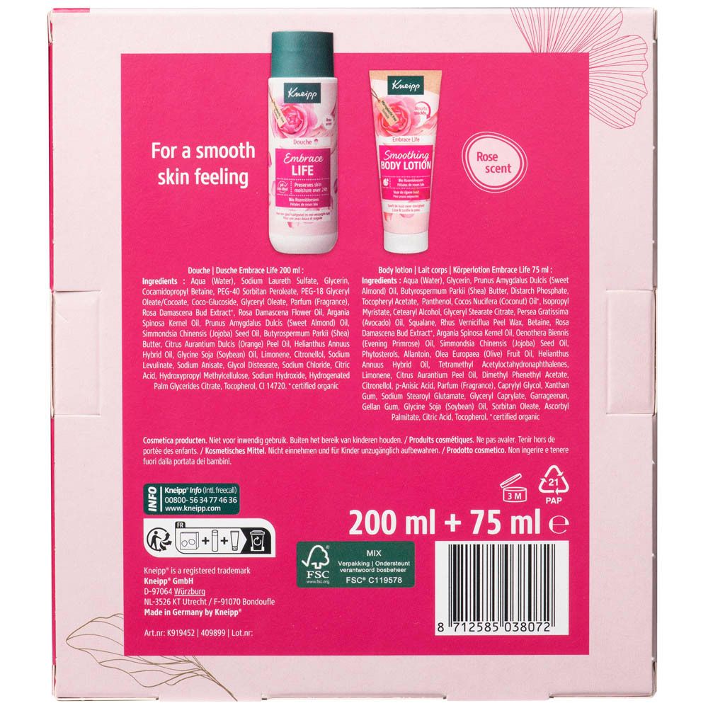 Achterkant van de geschenkverpakking met Kneipp producten. Bevat ingrediënten en productinfo.