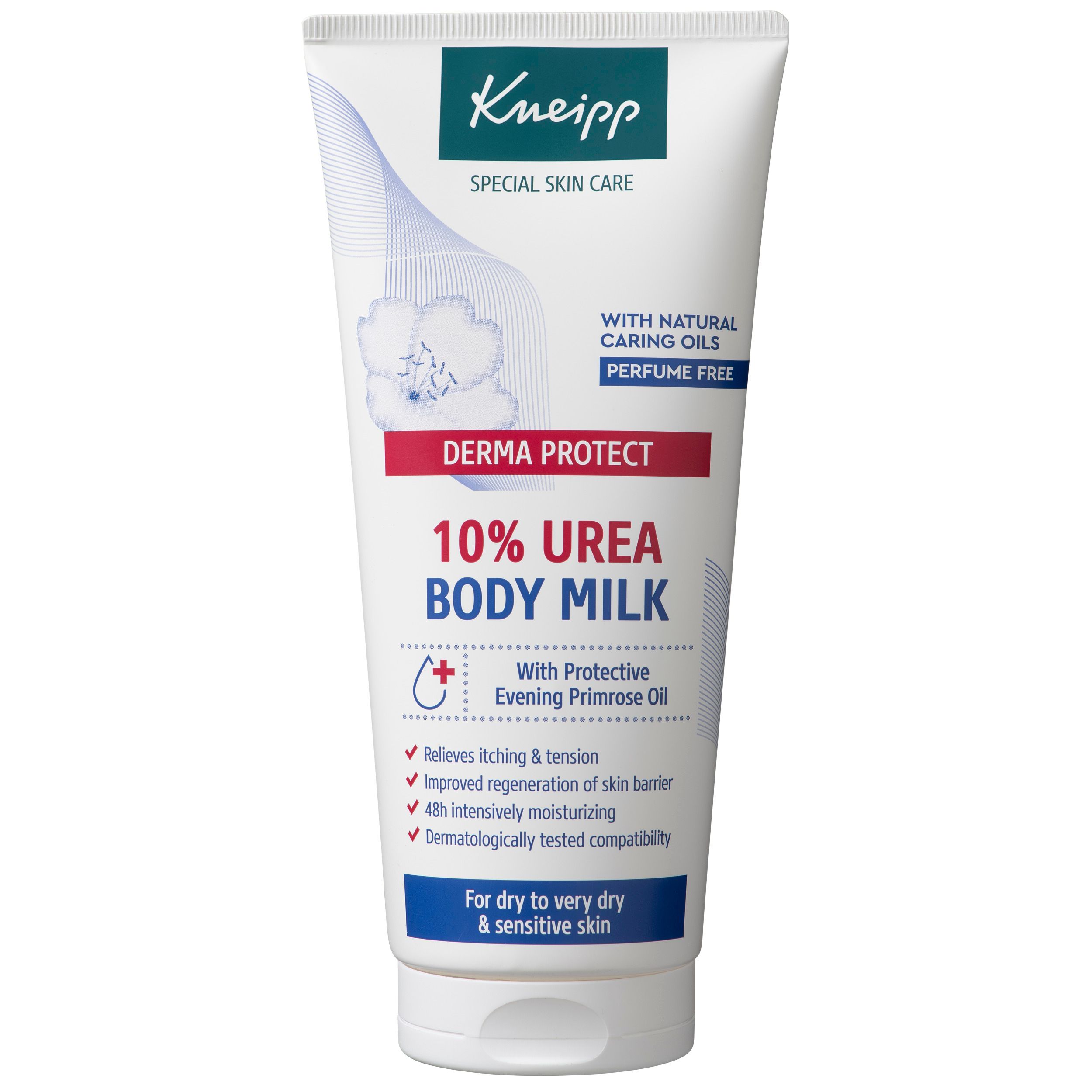 Tube blanche Kneipp. Contient 10% Urea Body Milk. Pour peaux sèches à très sèches et sensibles. Ingrédients: Huiles naturelles, sans parfum.