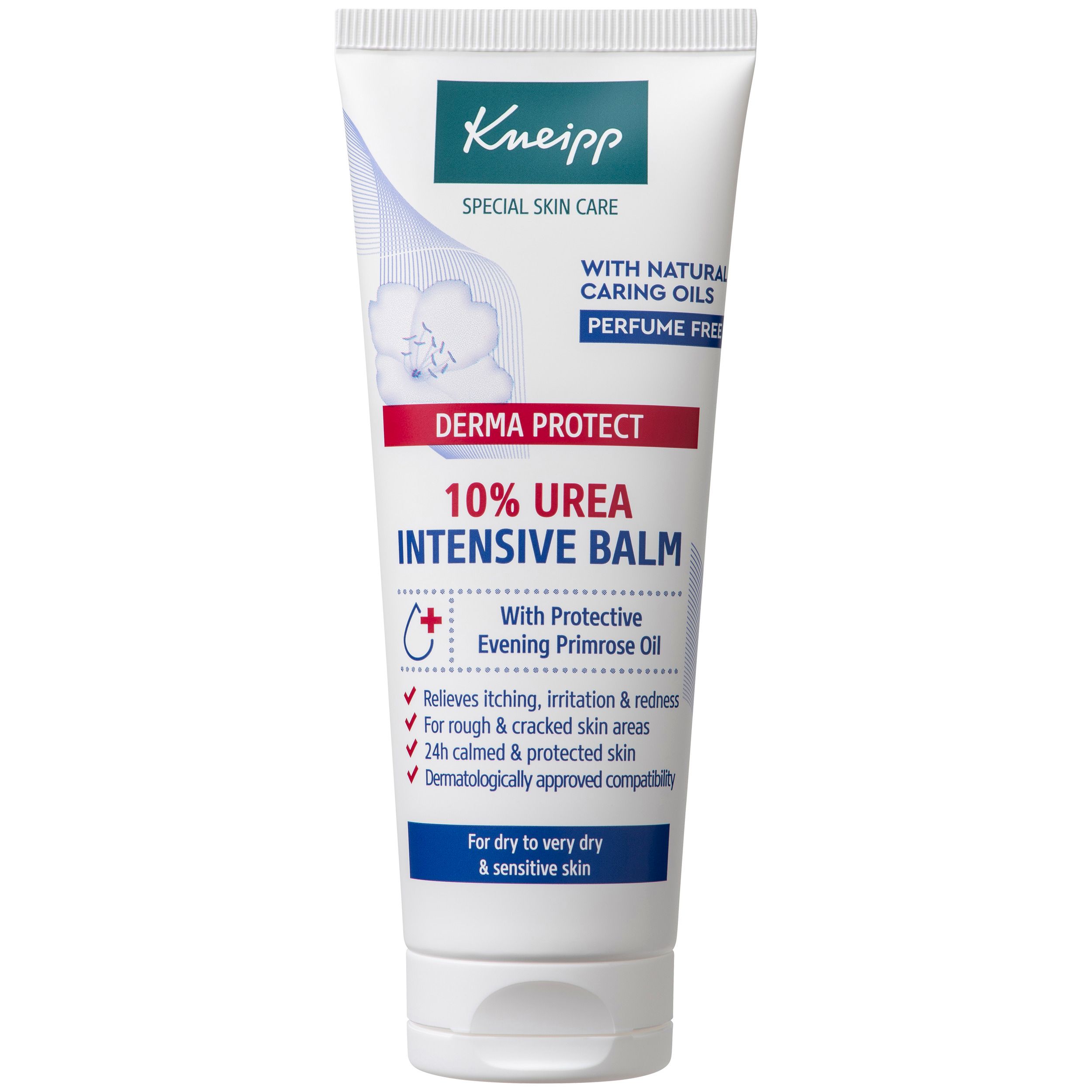 Witte en blauwe tube Kneipp. Bevat 10% ureum. Voor droge tot zeer droge huid. Opschrift Derma Protect Intensive Balm.