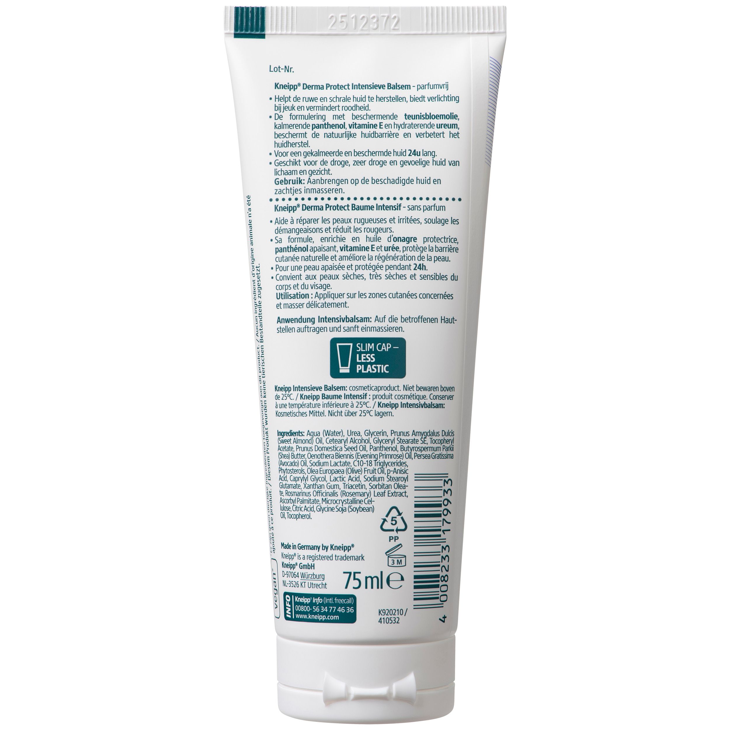 Achterkant van de tube met productinformatie. Bevat ingrediënten, gebruiksaanwijzing en fabrikantgegevens.