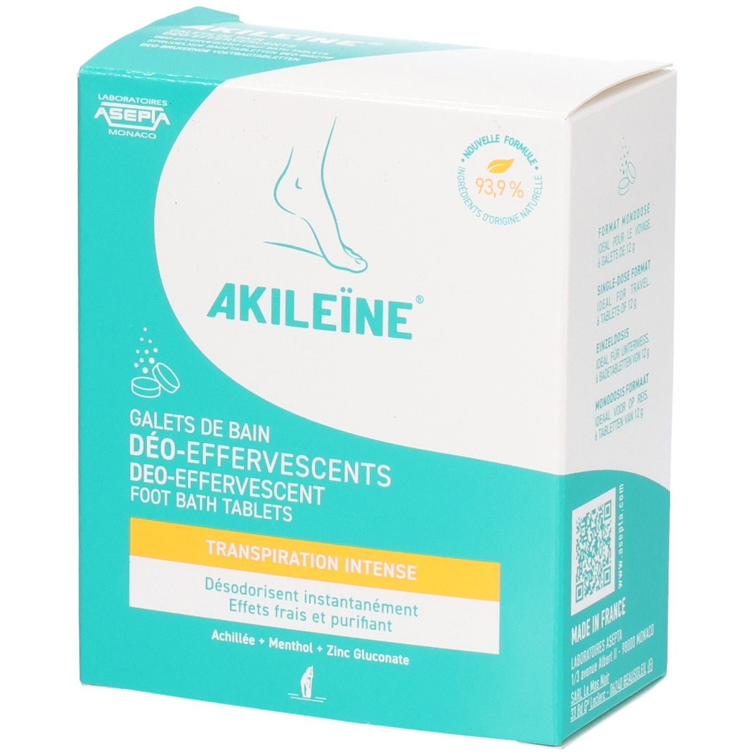 Akileine Galets Bain Deo-effervescents doos. Turquoise en wit. Productnaam en voetillustratie. Tekst: Transpiration Intense.