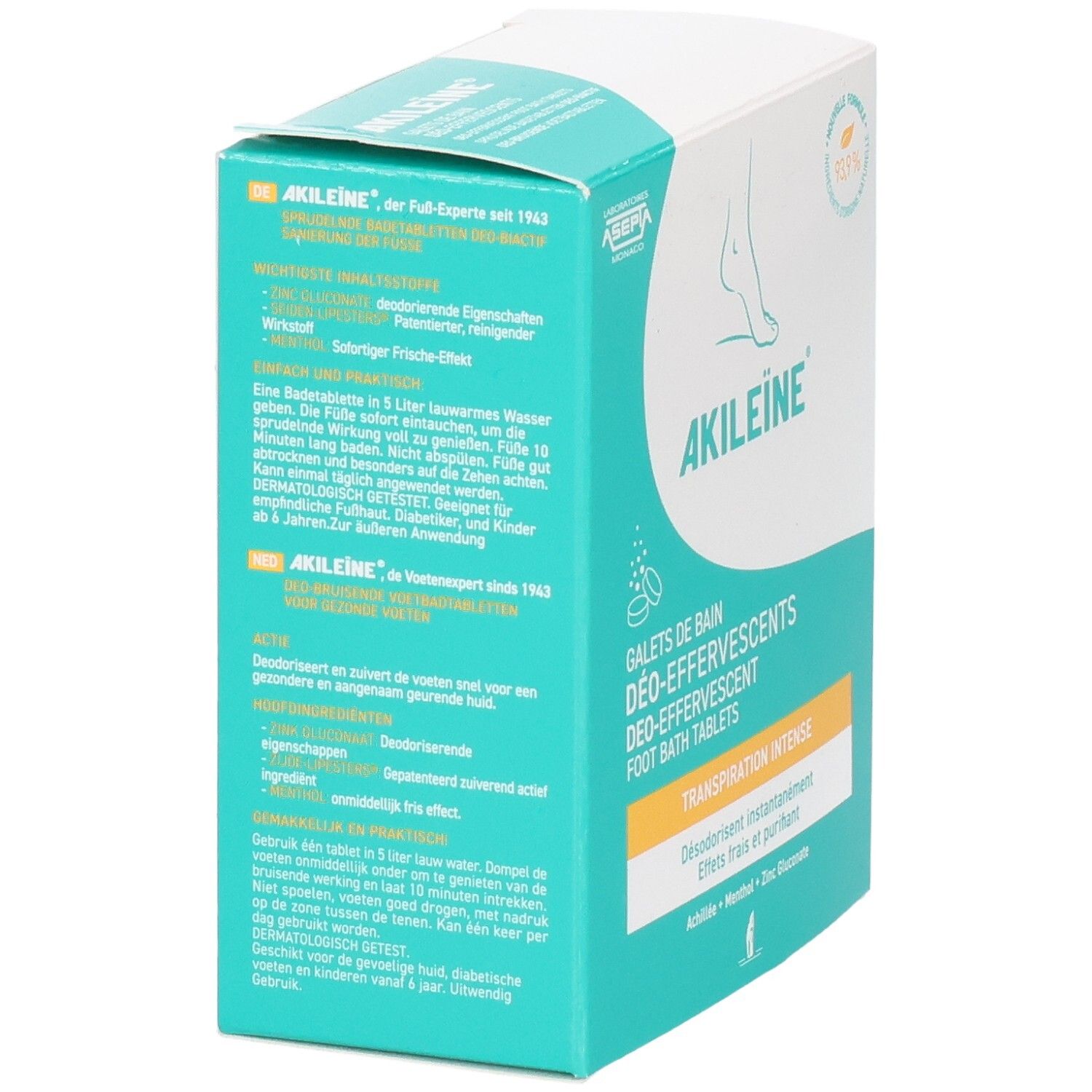 Achterkant Akileine Galets Bain Deo-effervescents doos. Tekst in het Duits, Frans en Nederlands. Voetillustratie.