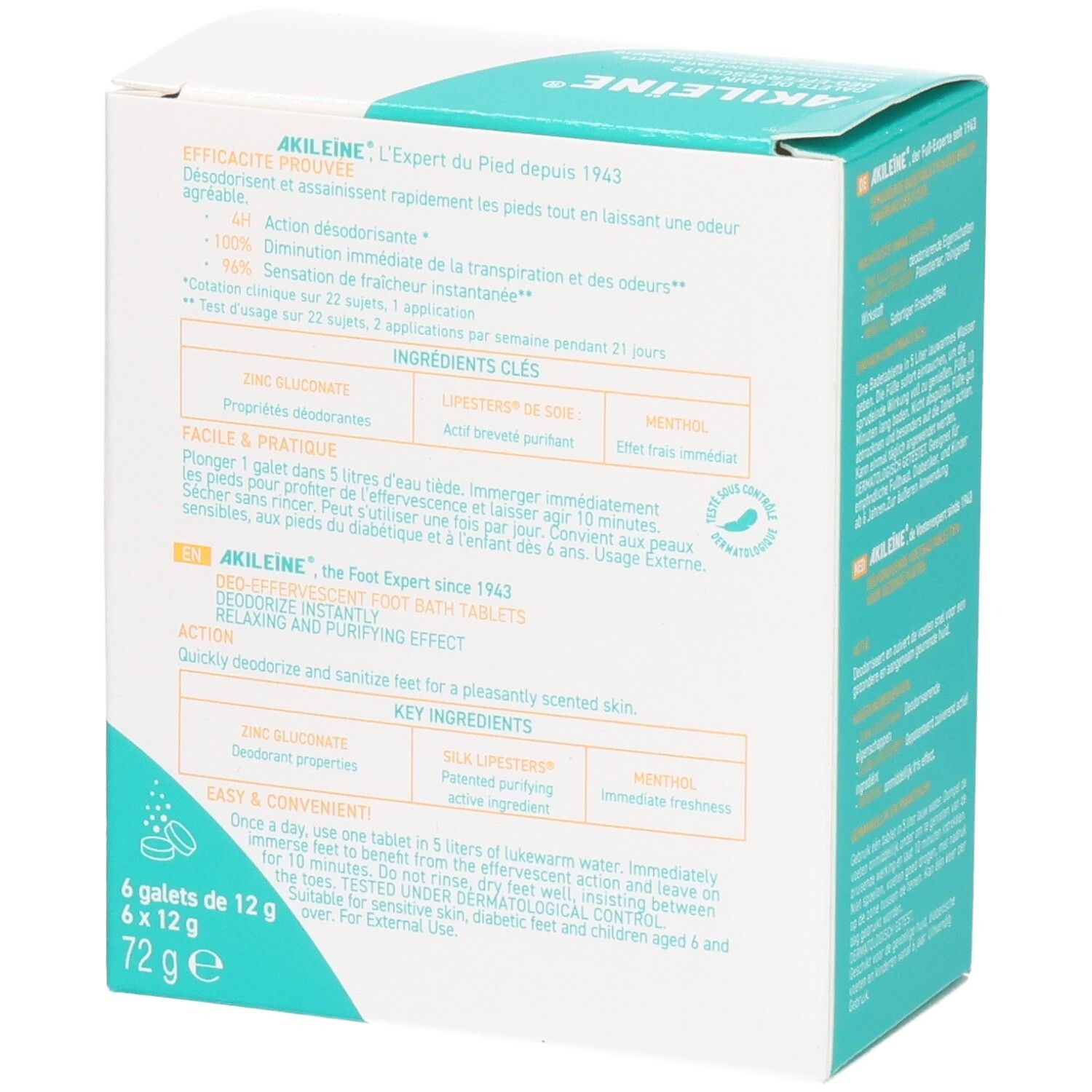 Akileine Galets Bain Deo-effervescents doos. Tekst: ingrediënten, gebruik, 6 tabletten van 12g. Dermatologisch getest.