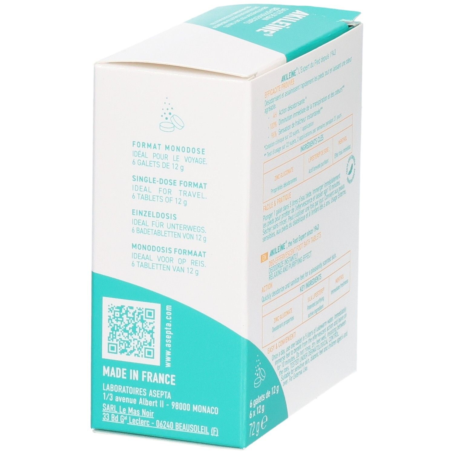 Akileine Galets Bain Deo-effervescents doos. Tekst: enkelvoudige dosis, ideaal voor reizen. Fabrikantenadres. 6 tabletten van 12g.