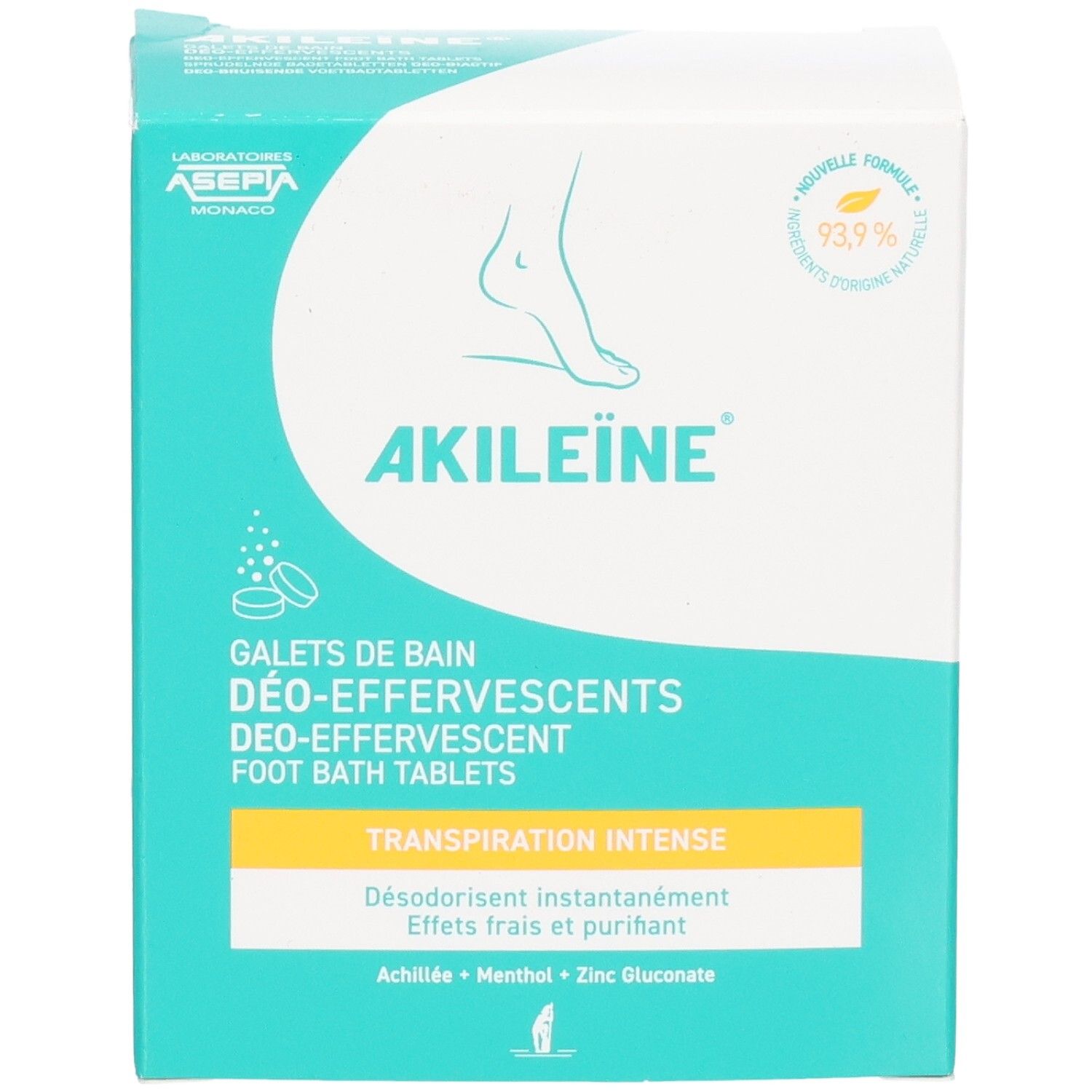 Akileine Galets Bain Deo-effervescents doos. Vooraanzicht. Productnaam, voetillustratie. Tekst: Transpiration Intense.