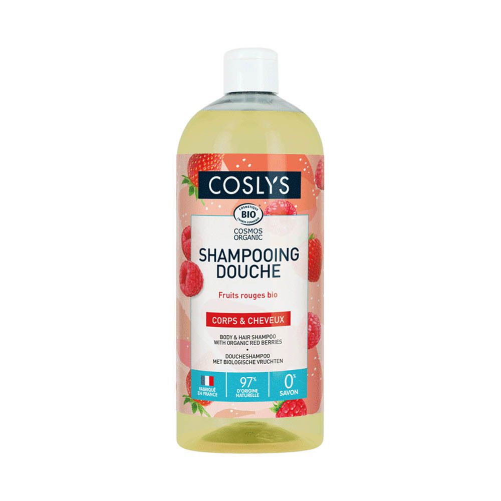 Coslys Shampooing Douche Fruits Rouges. Fles met rood bessenpatroon. Witte dop. Bio-certificering.
