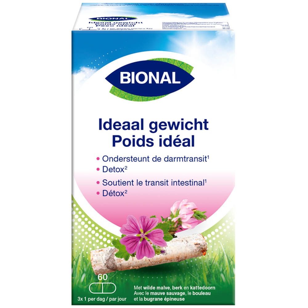 Doos Bional 'Ideaal gewicht'. Bevat 60 capsules. Bloemendesign en meertalige tekst.