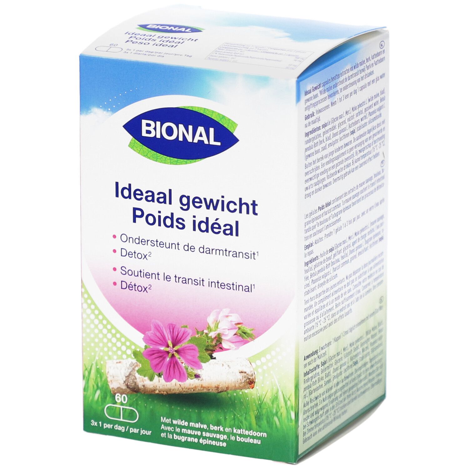 Boîte BIONAL 'Poids idéal'. Contient 60 capsules. Inscriptions: 'Ondersteunt de darmtransit', 'Detox'. Illustration florale.