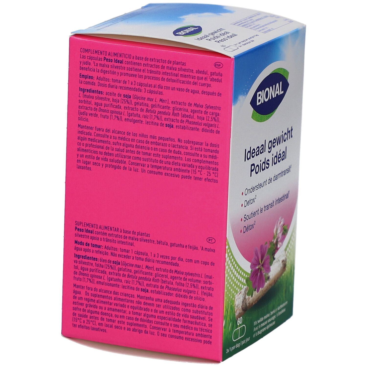 Vue latérale de la boîte BIONAL 'Poids idéal'. Texte multilingue. Contient 60 capsules. Ingrédients et mode d'emploi.