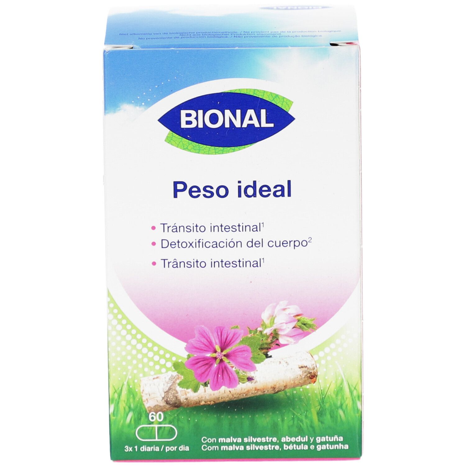 Boîte BIONAL 'Peso ideal'. Contient 60 capsules. Inscriptions: 'Tránsito intestinal', 'Detoxificación del cuerpo'. Illustration florale.