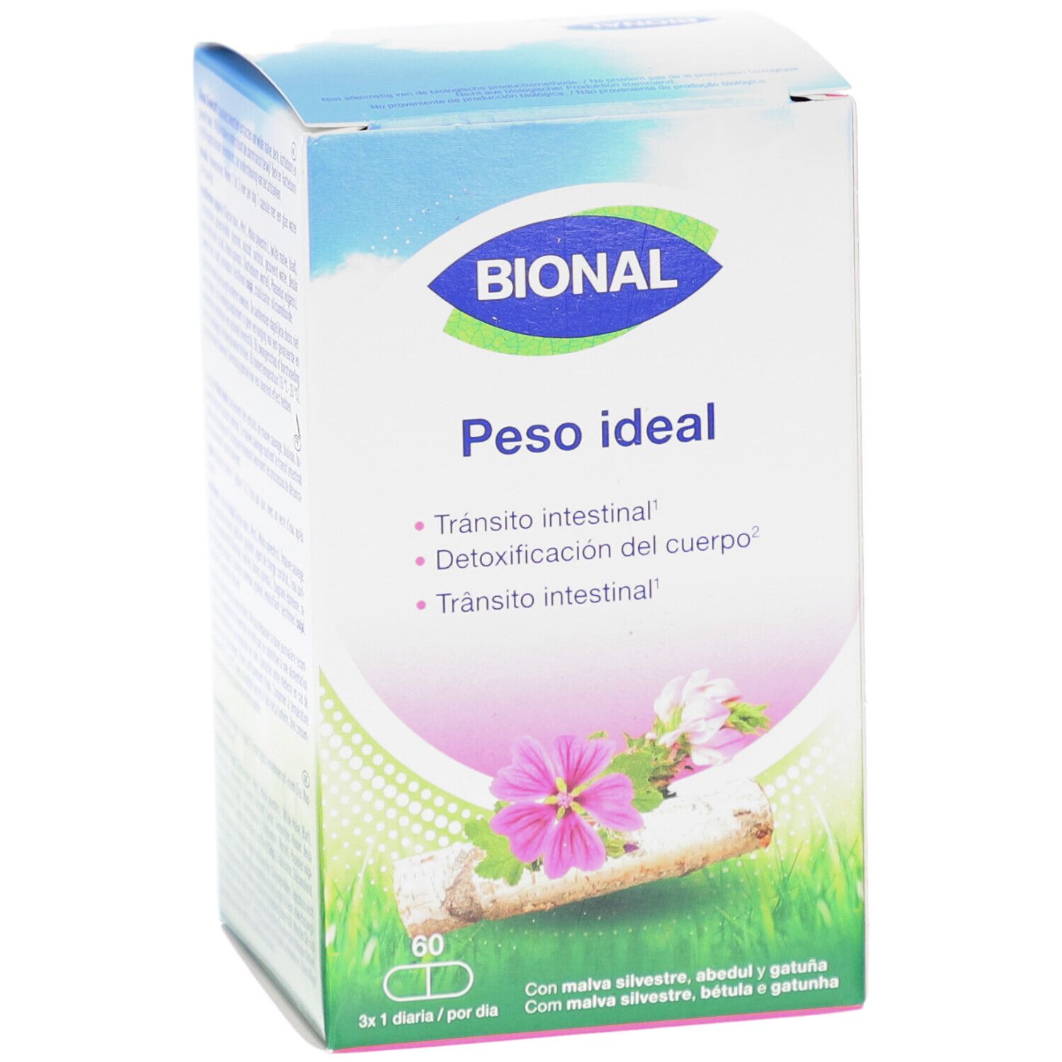 Boîte BIONAL 'Peso ideal'. Contient 60 capsules. Inscriptions: 'Tránsito intestinal', 'Detoxificación del cuerpo'. Illustration florale.