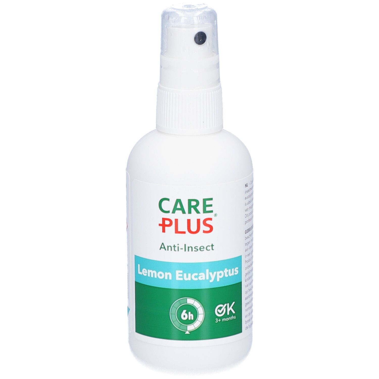 Witte spuitfles met CARE PLUS Anti-Insect. Opschrift: Lemon Eucalyptus. Groen etiket met 6u en 3+ maanden.