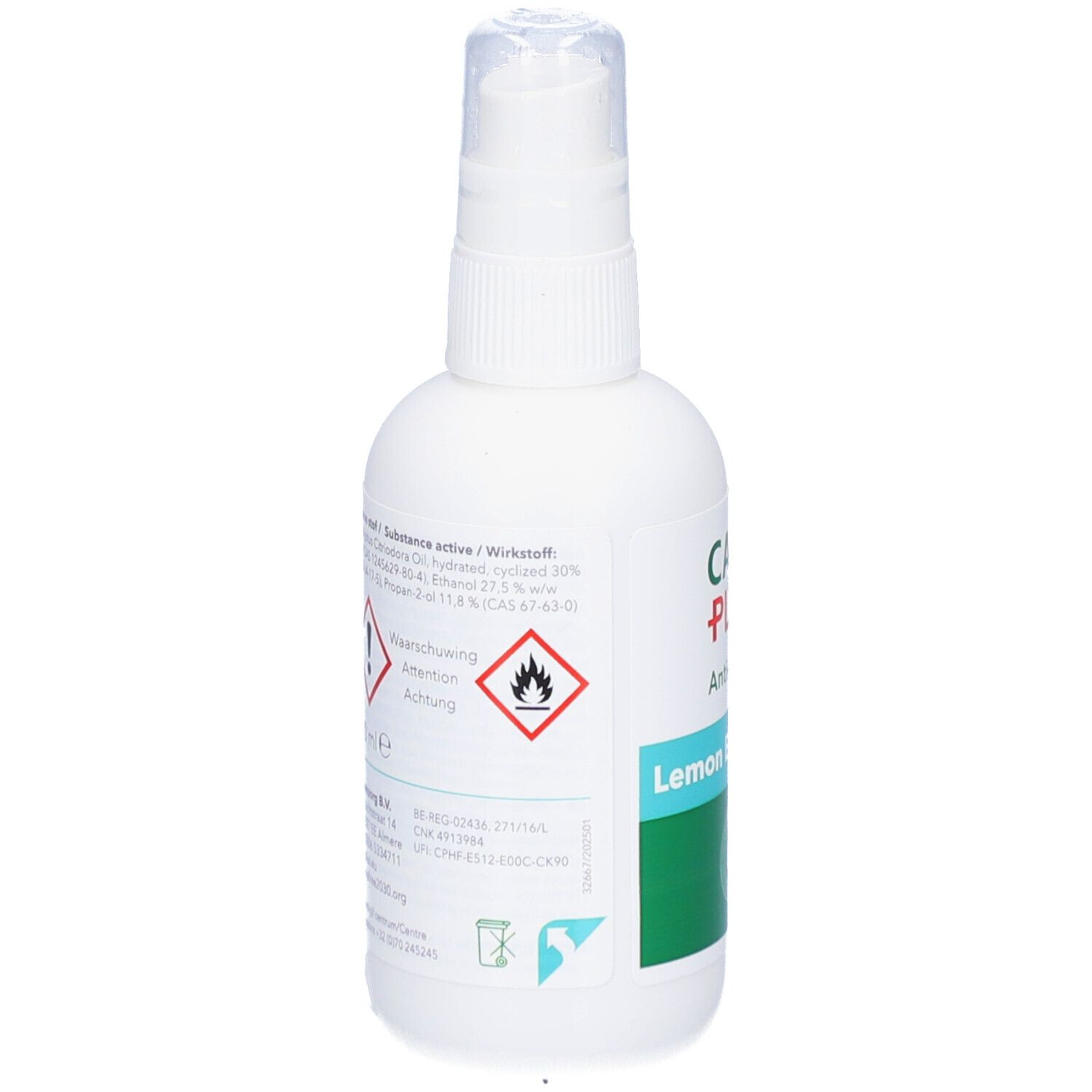 Witte spuitfles met CARE PLUS Anti-Insect. Opschrift: Lemon Eucalyptus. Waarschuwingen en gevaarsymbolen.