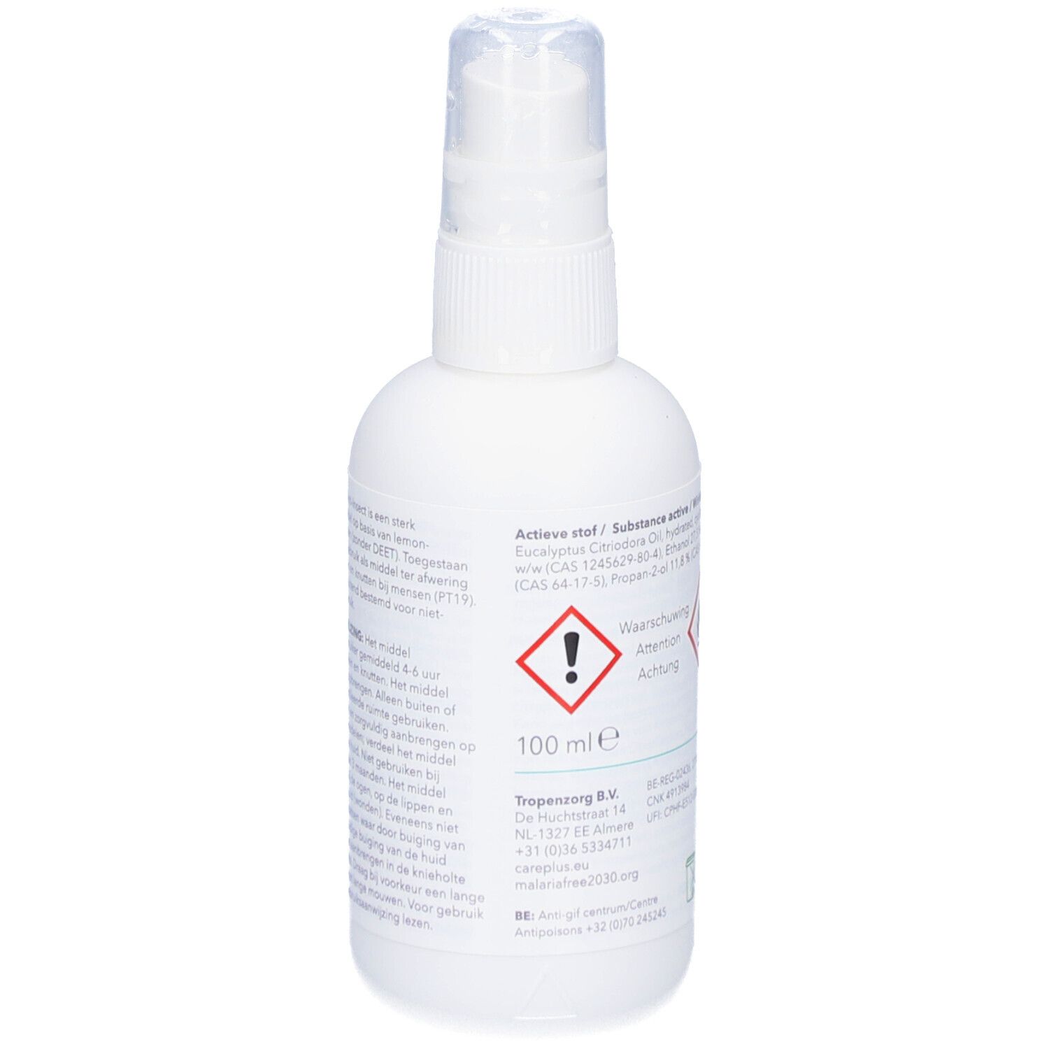 Witte spuitfles met CARE PLUS Anti-Insect. Opschrift: Lemon Eucalyptus. 100 ml. Waarschuwingen en gevaarsymbolen.