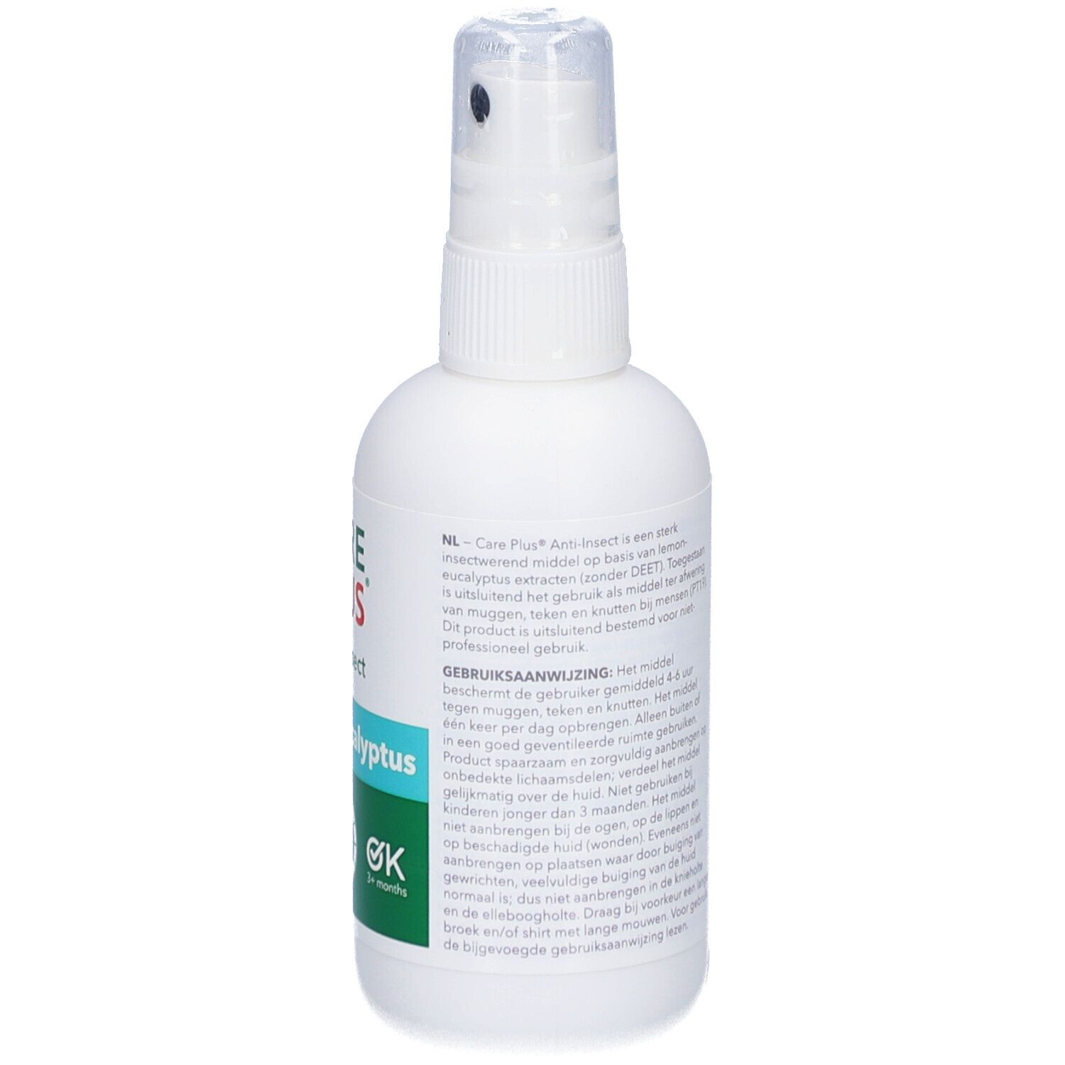 Witte spuitfles met CARE PLUS Anti-Insect. Opschrift: Lemon Eucalyptus. Tekst in het Nederlands.