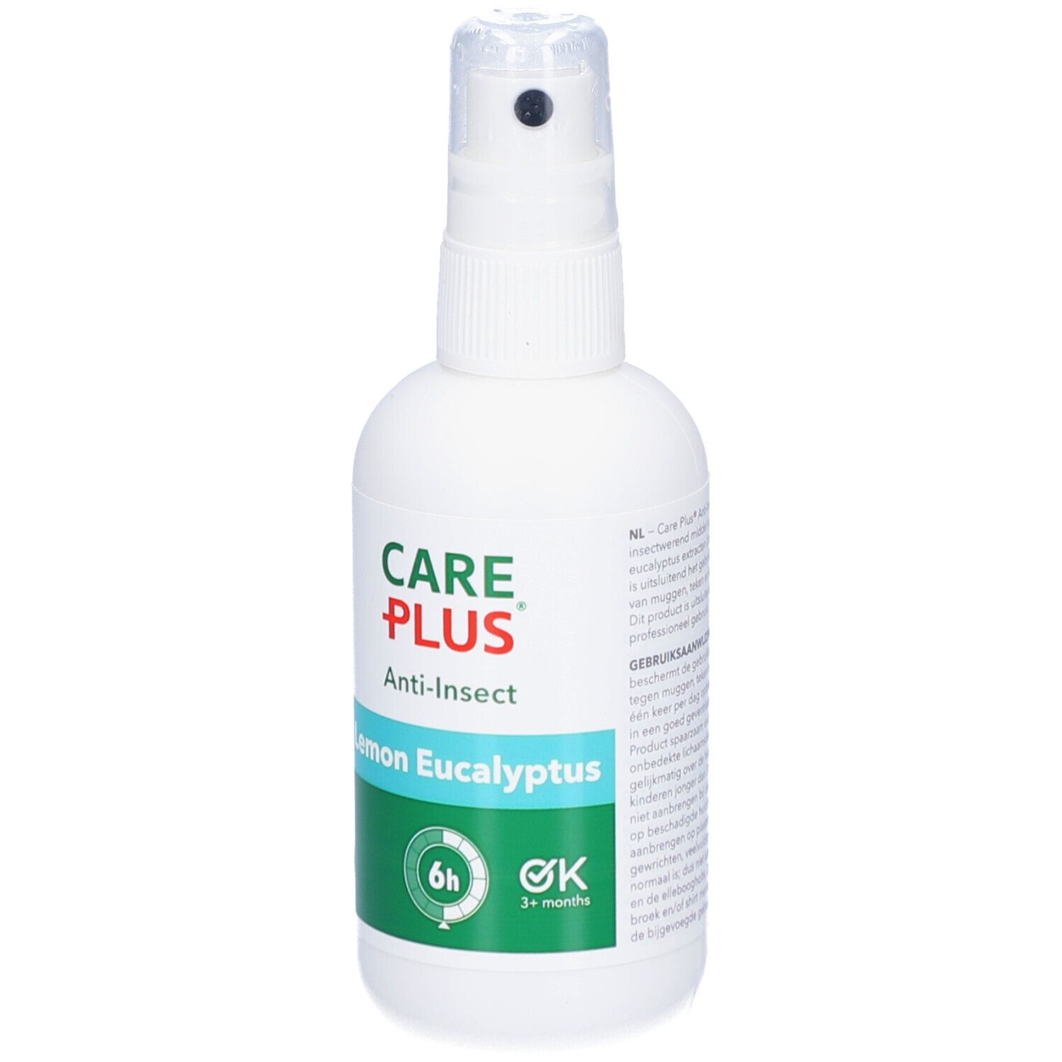 Witte spuitfles met CARE PLUS Anti-Insect. Opschrift: Lemon Eucalyptus. Groen etiket met 6u en 3+ maanden.